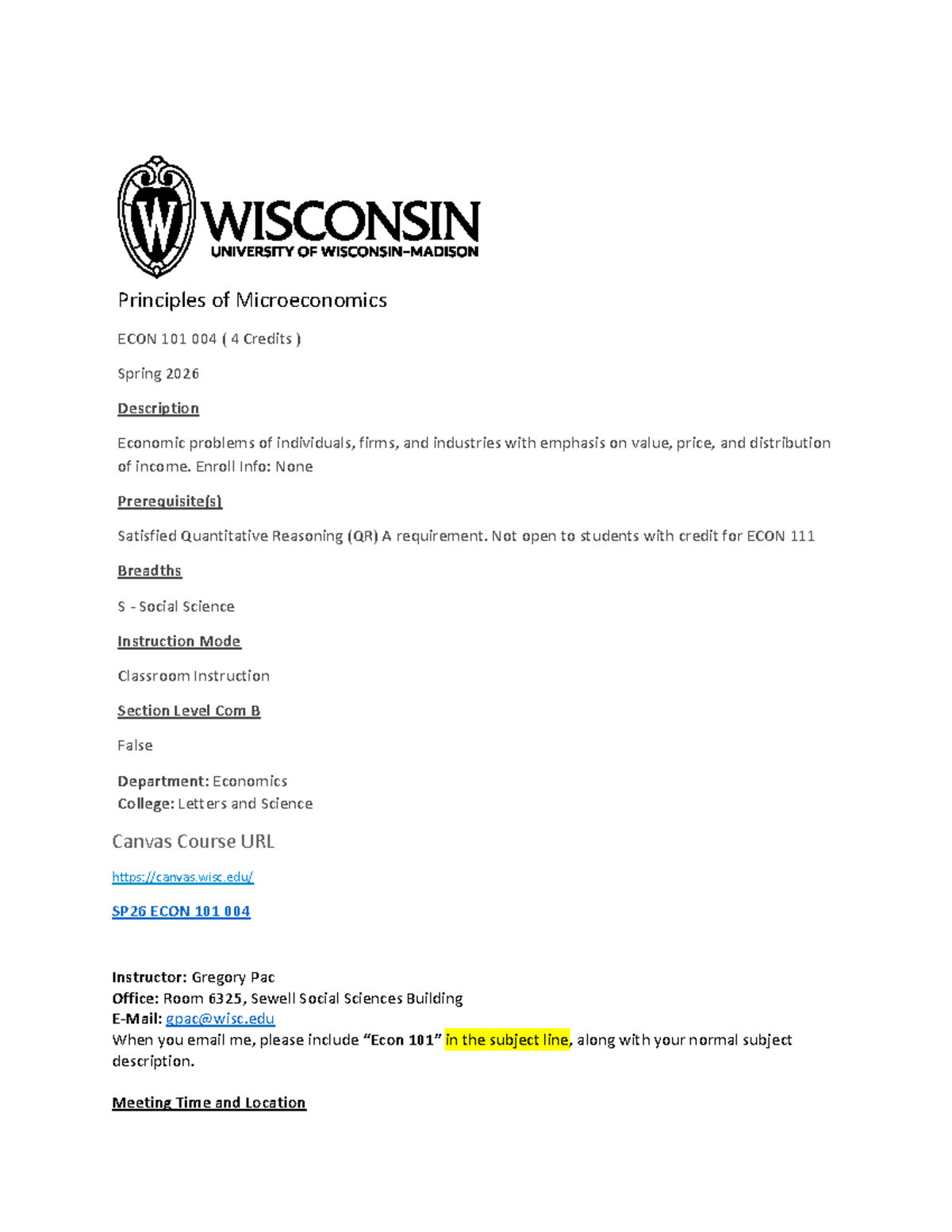 Econ 101 Syllabus: Principles of Microeconomics (Spring 2026) - Studocu