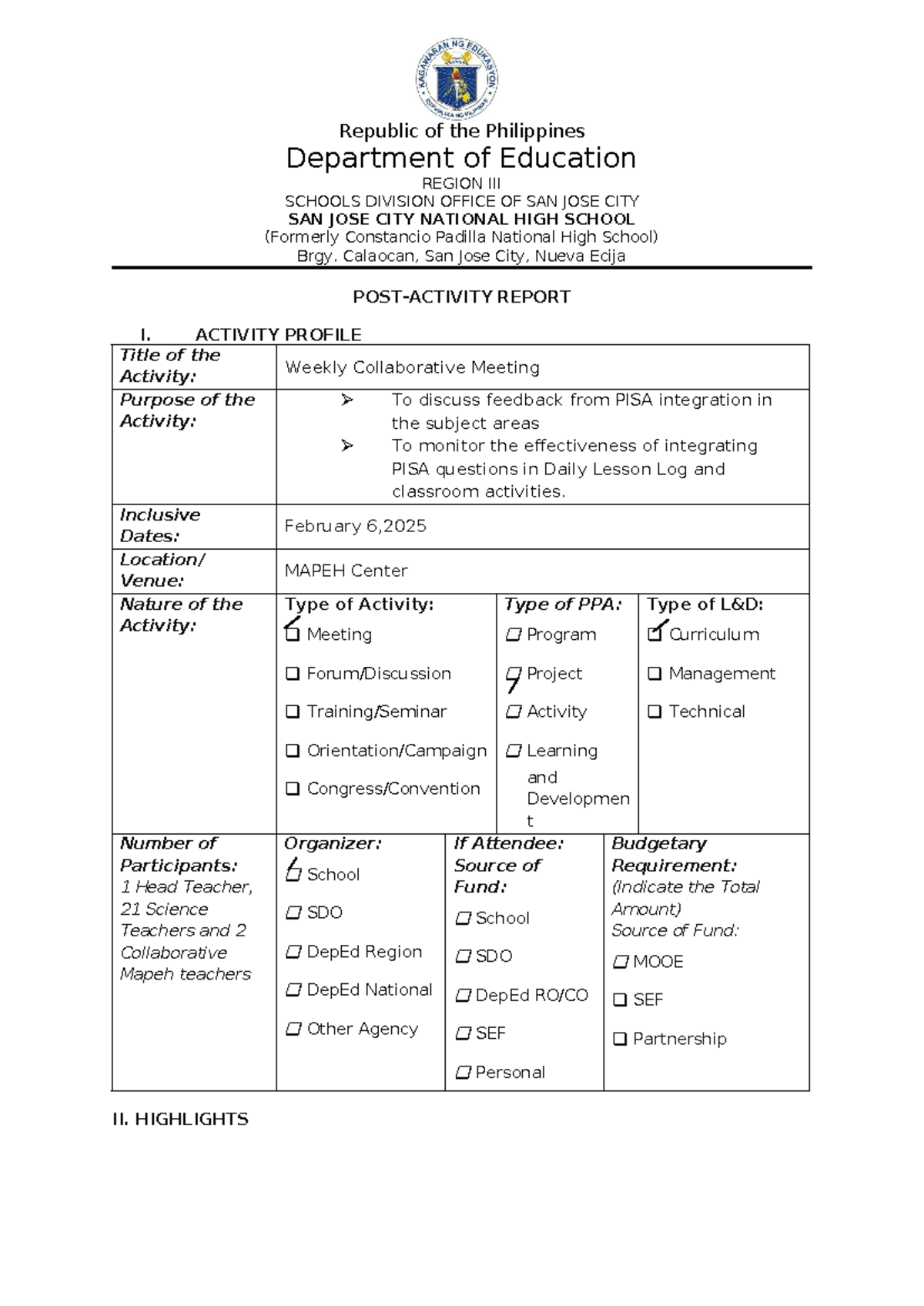 PAR February 3, 2025 - narrative report - Republic of the Philippines ...