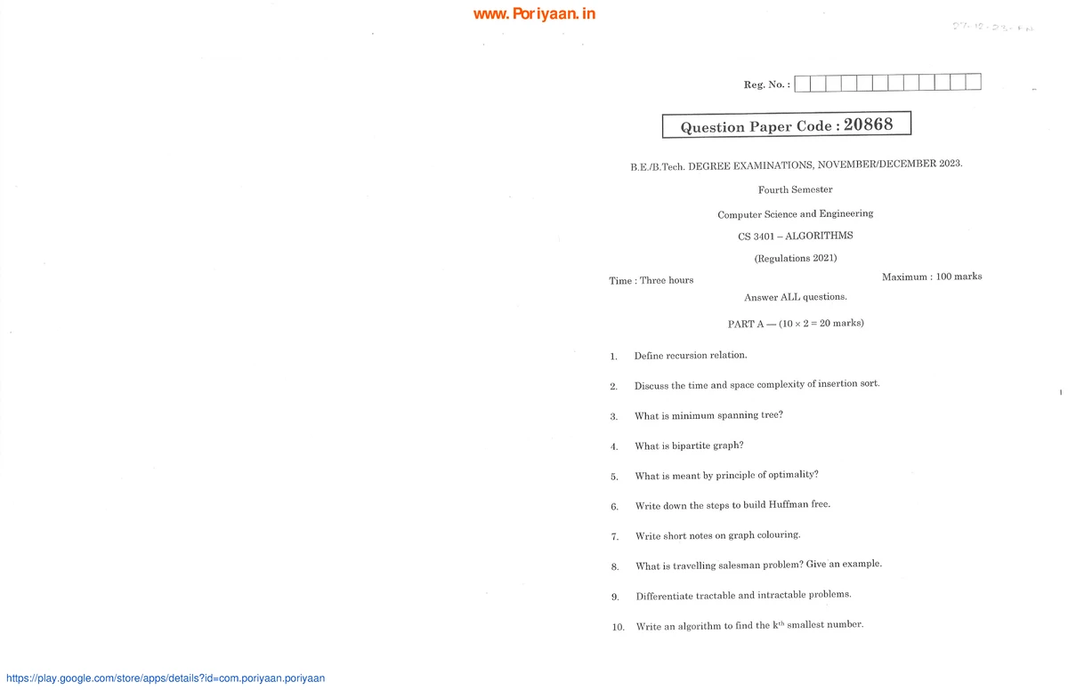 Algorithms - CS3401 2021 Reg. - 4th Sem Exam QP April 2023 - Studocu