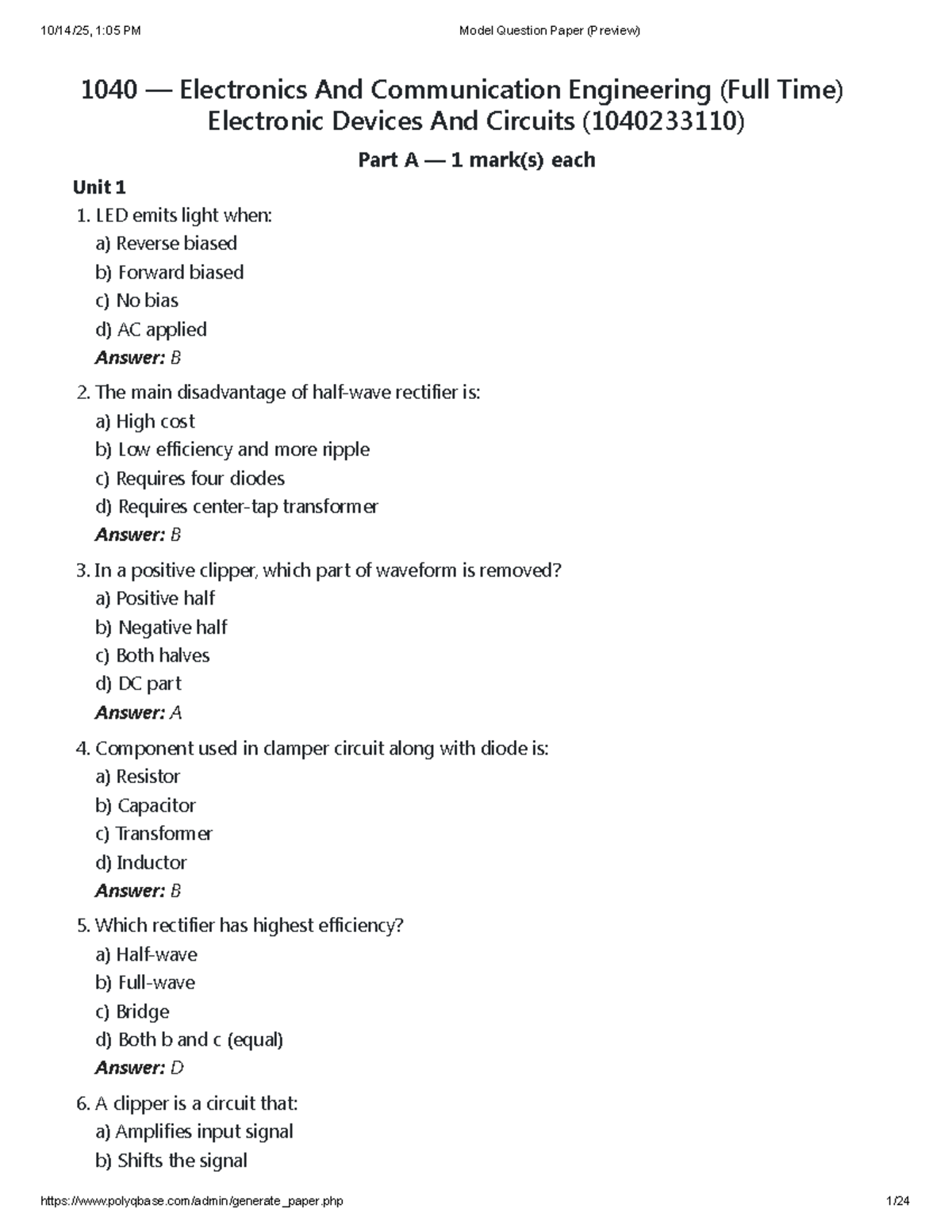 Model Question Paper for Electronic Devices and Circuits (1040233110 ...
