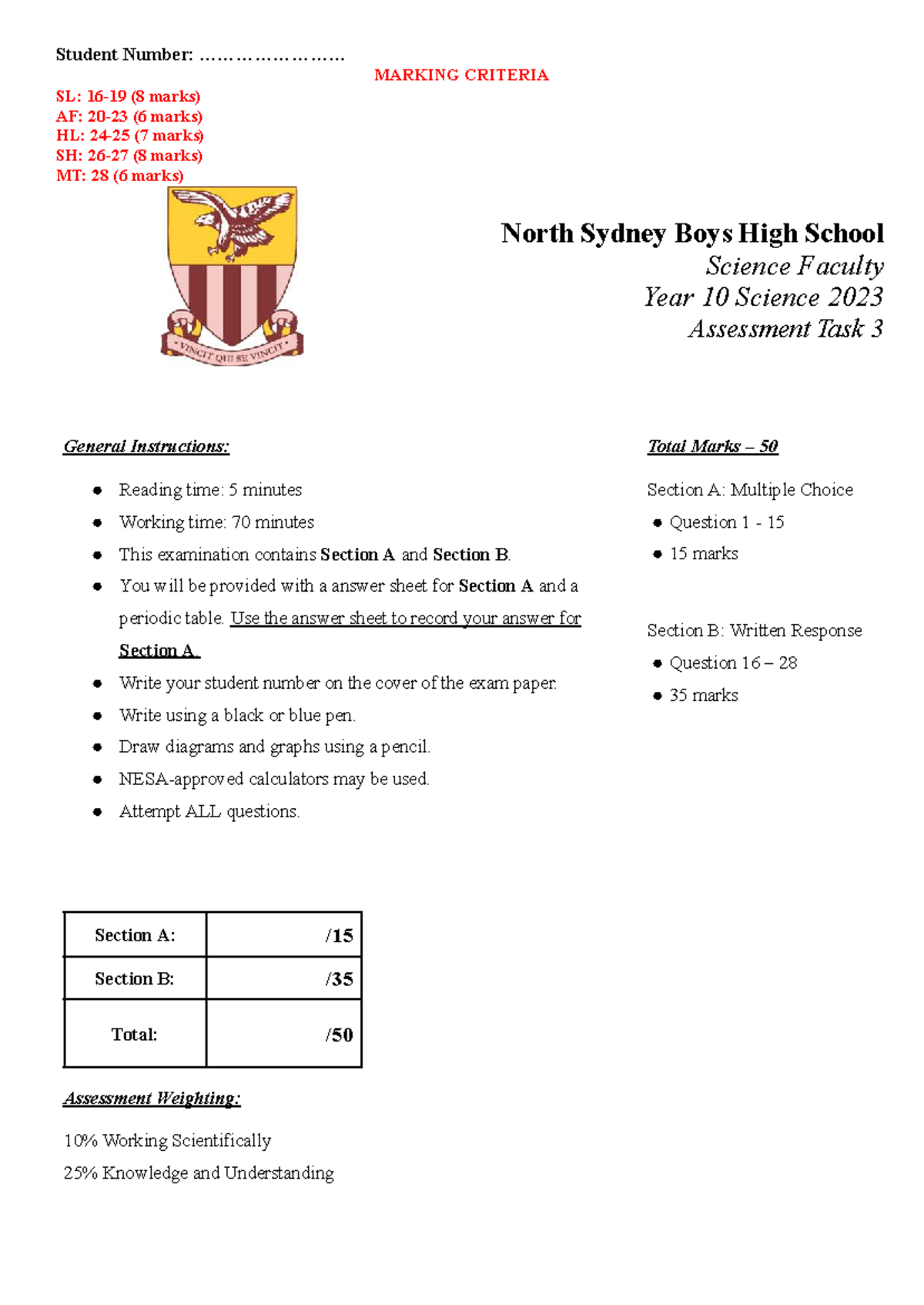 Year 10 Science Assessment Task 3 Answers (2023) - Studocu