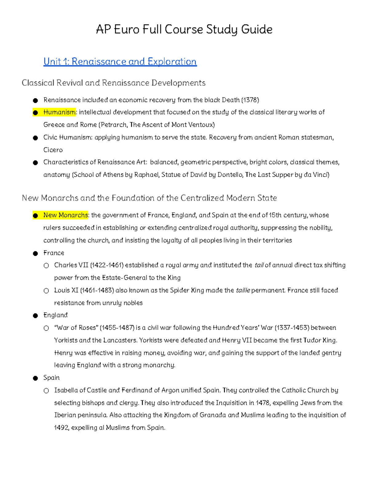 AP Euro Study Guide: Unit 1 - Renaissance & Exploration Insights - Studocu