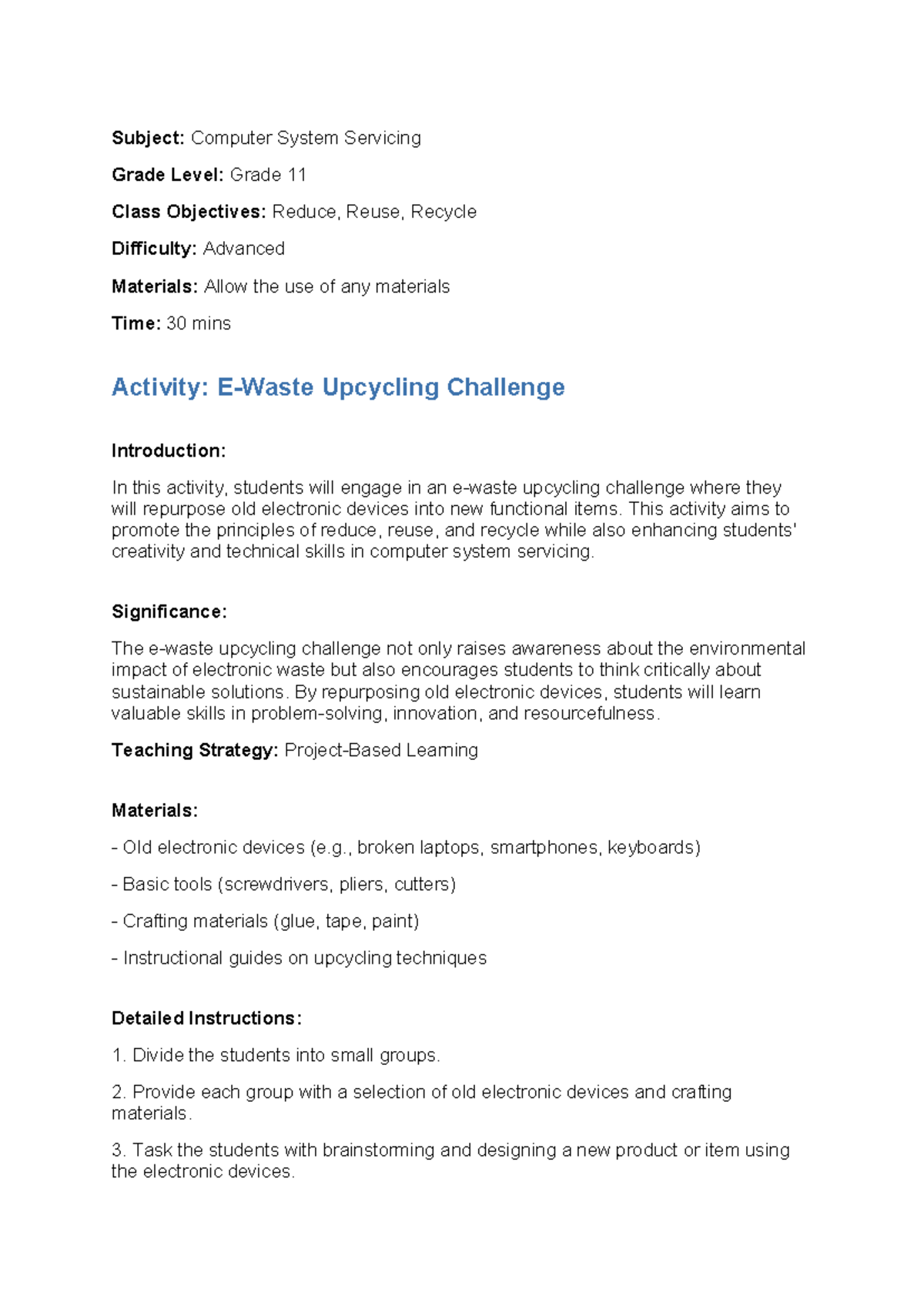 ACTIVITY FOR CSS - Subject: Computer System Servicing Grade Level ...
