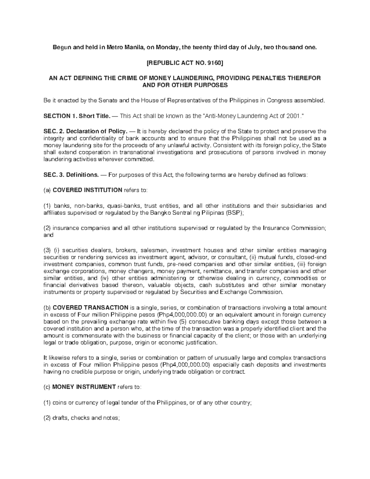 AMLA - RA 9160: Comprehensive Notes on the Anti-Money Laundering Act ...