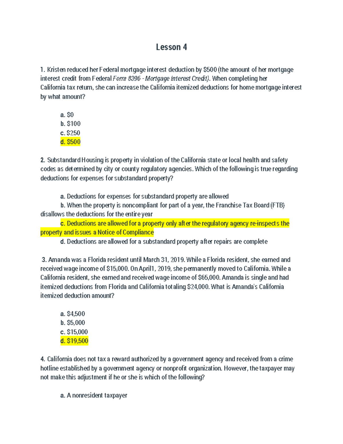Lesson 4 - CTEC Test Practice Questions on Tax Deductions - Studocu
