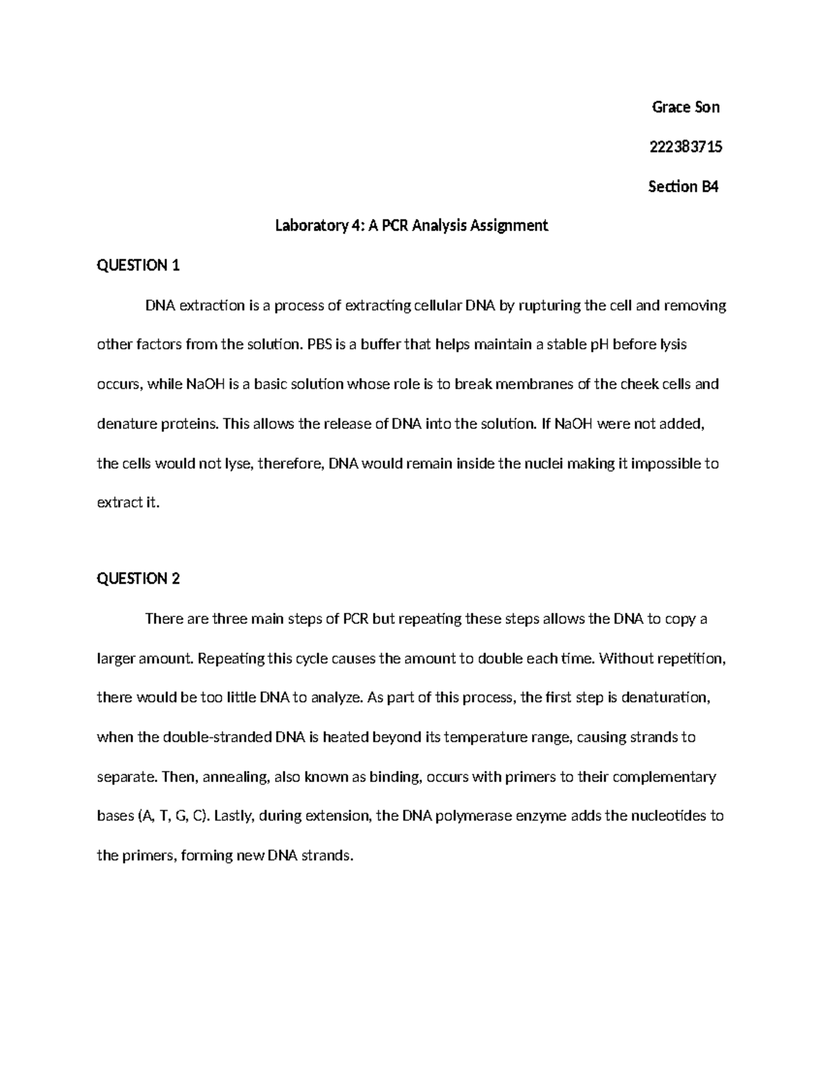 BIOL1000 - Lab 4: PCR Analysis and DNA Extraction Insights - Studocu