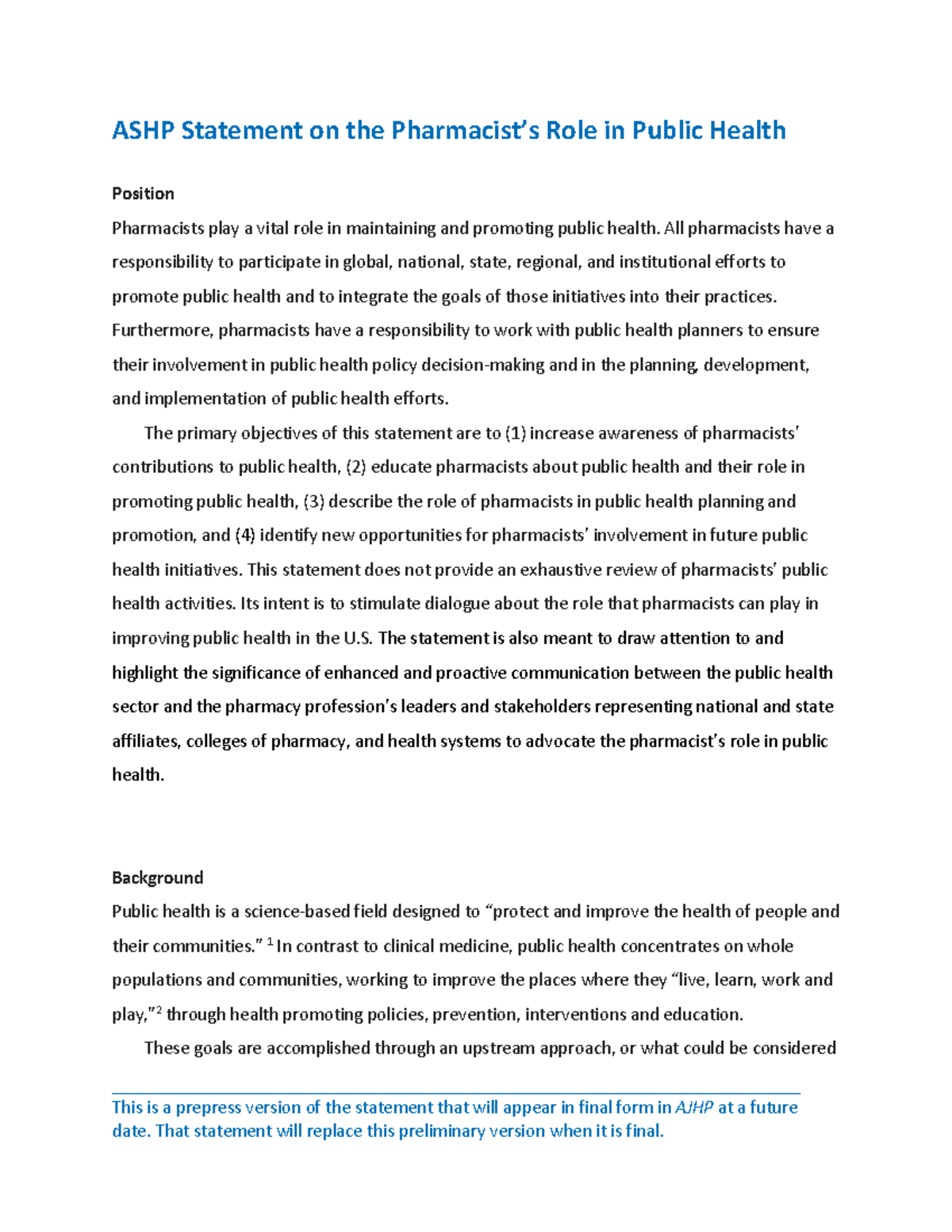 ASHP Statement on Pharmacists' Vital Role in Public Health - Studocu