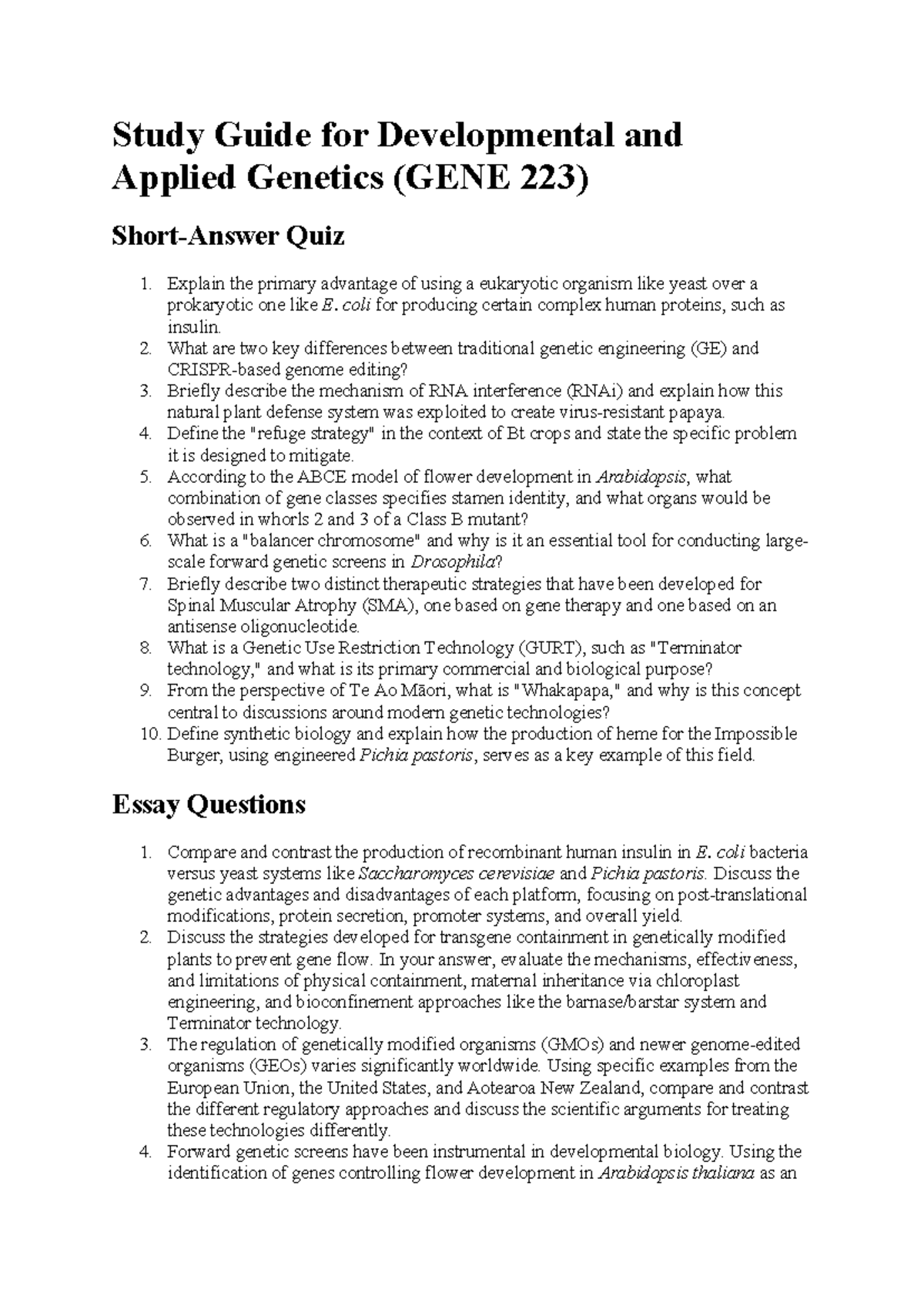 Study Guide for GENE 223: Developmental & Applied Genetics Quiz 1 - Studocu
