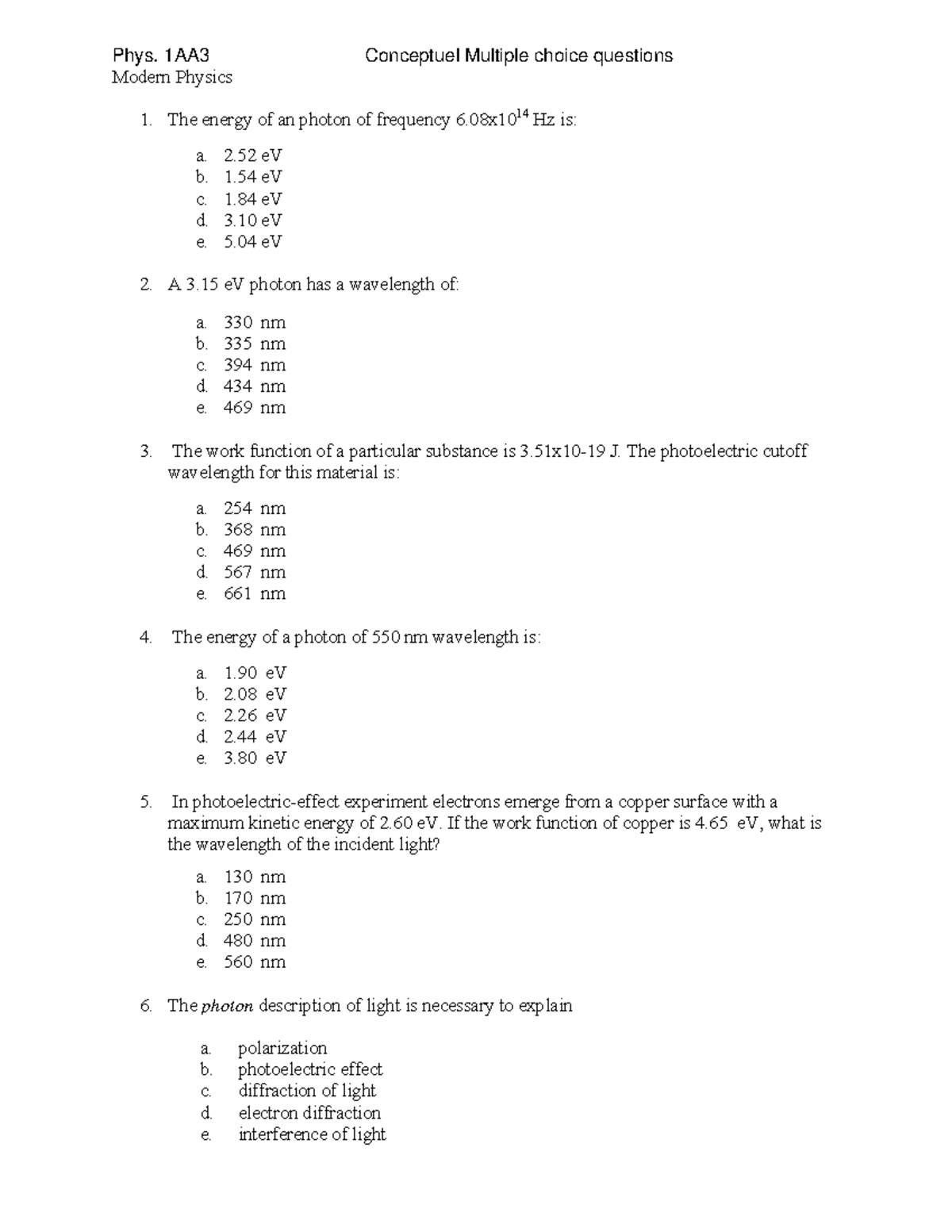 Phys. 1AA3 Final Exam Questions for Modern Physics Concepts - Studocu