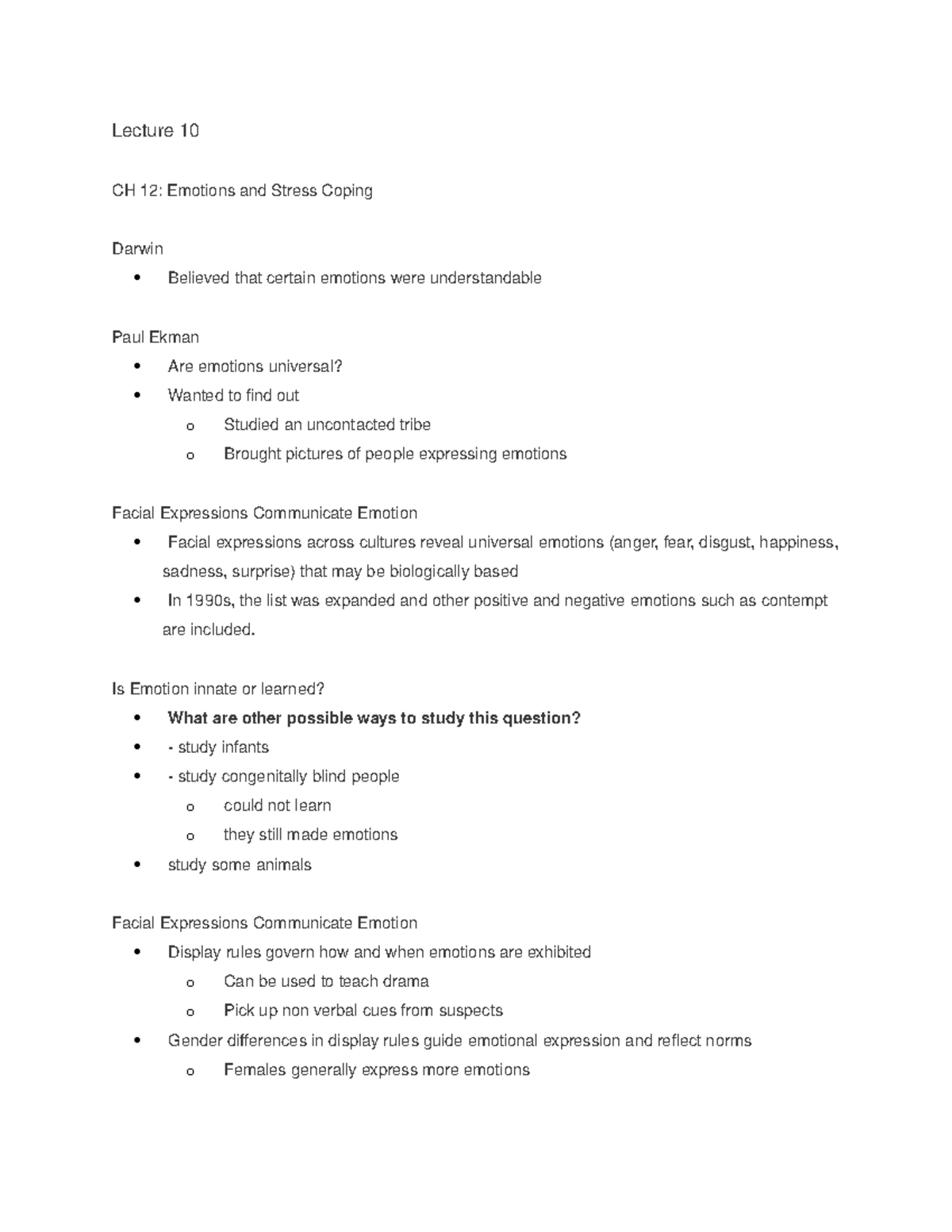 Lecture Notes - PSYC1001 - Lec 10 - Lecture 10 CH 12: Emotions and ...