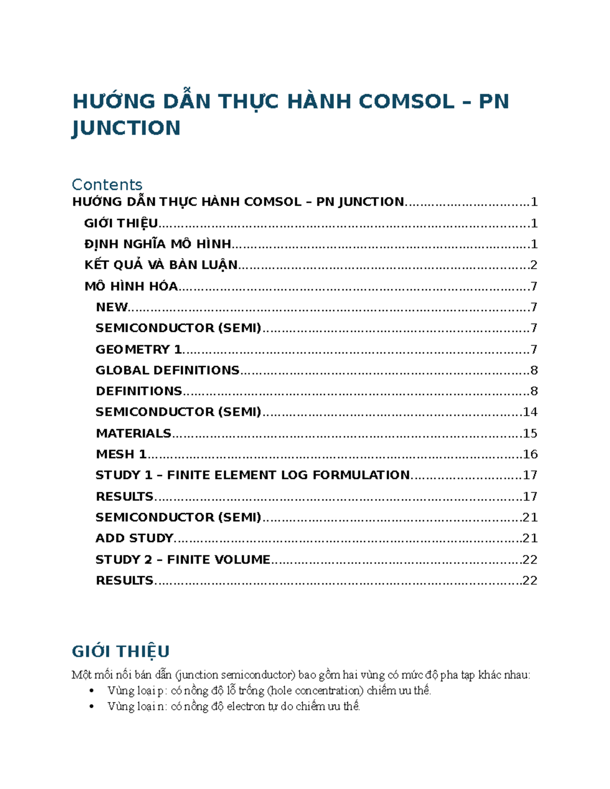 HƯỚNG DẪN THỰC HÀNH LAB 1 PN JUNCTION COMSOL - Studocu
