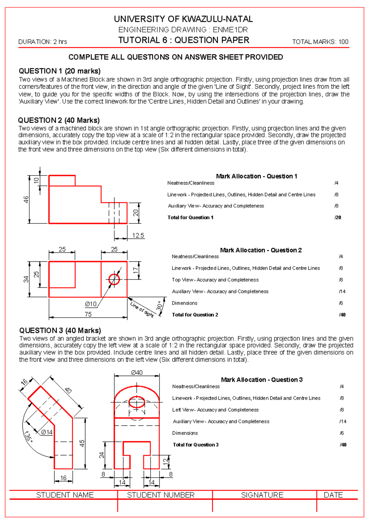 ENME1DR Tutorial 6: Machined Block & Bracket Projection Practice - Studocu