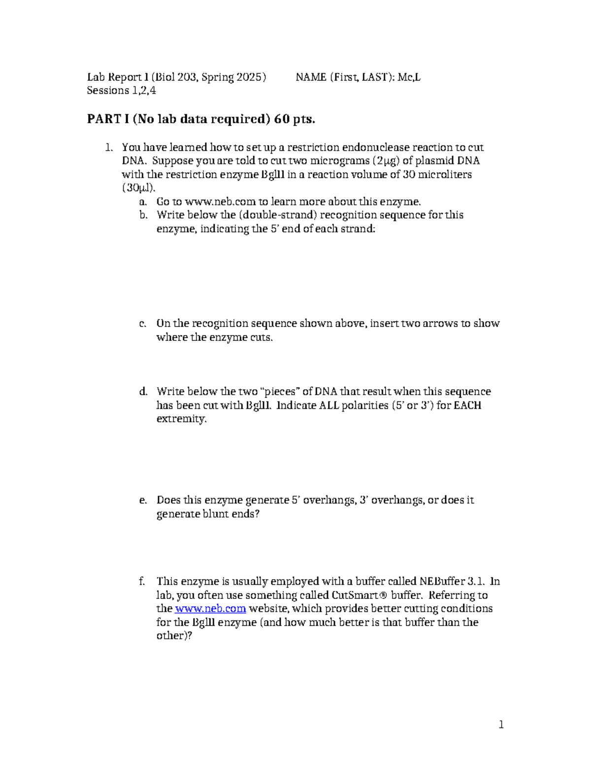 Lab Report I (Biol 203, Spring 2025): Restriction Enzyme Analysis - Studocu