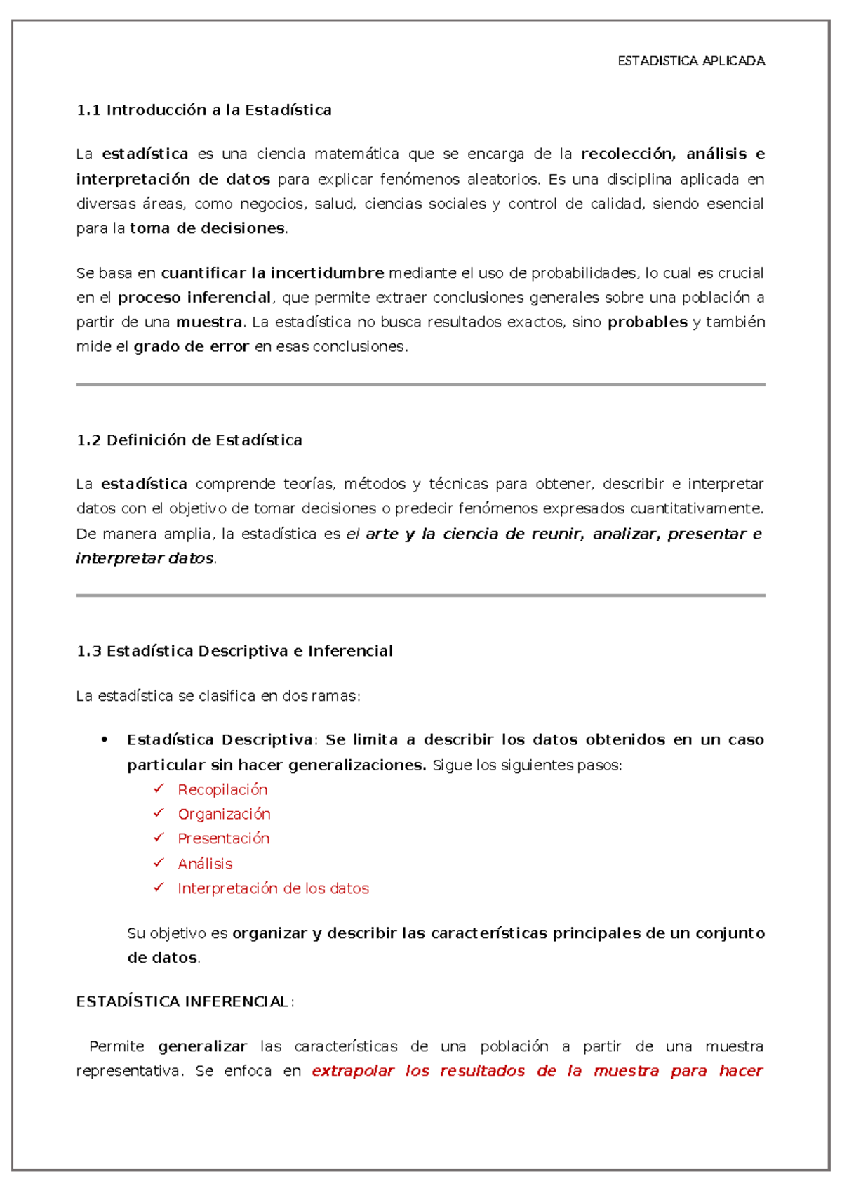 Unidad 1 y 2 - RESUMEN DEL MODULO - 1 Introducción a la Estadística La ...