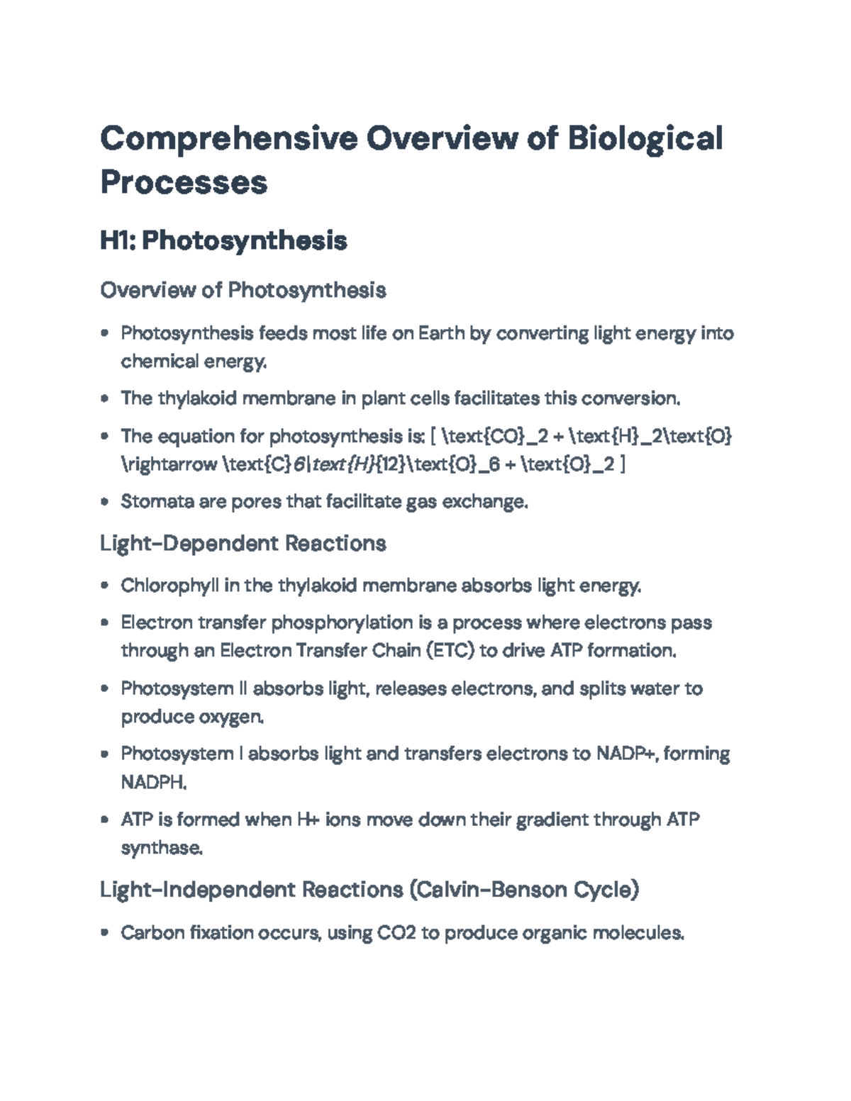 Biological Processes Overview: Photosynthesis & Gene Expression H1 ...