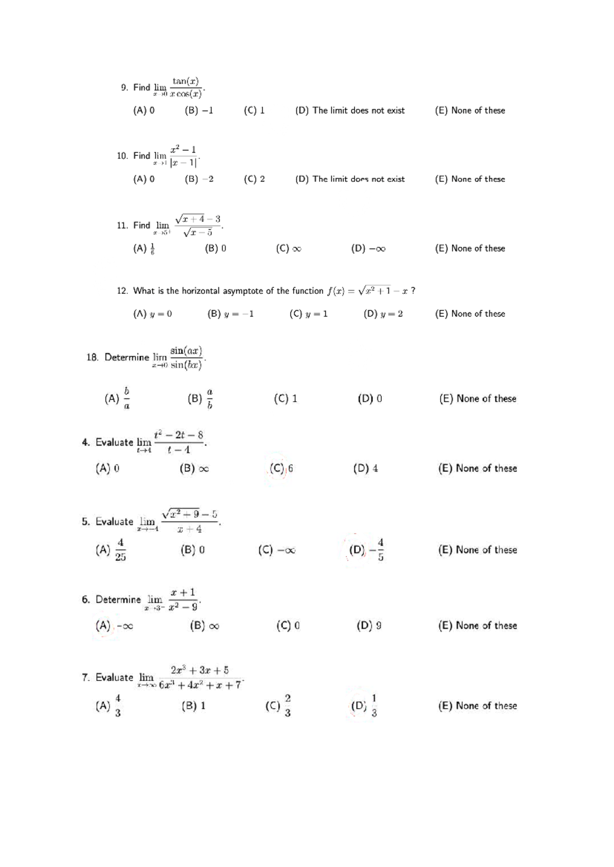 Limit Problems 2025 - Practice for Calculus Exam (MATH 101) - Studocu