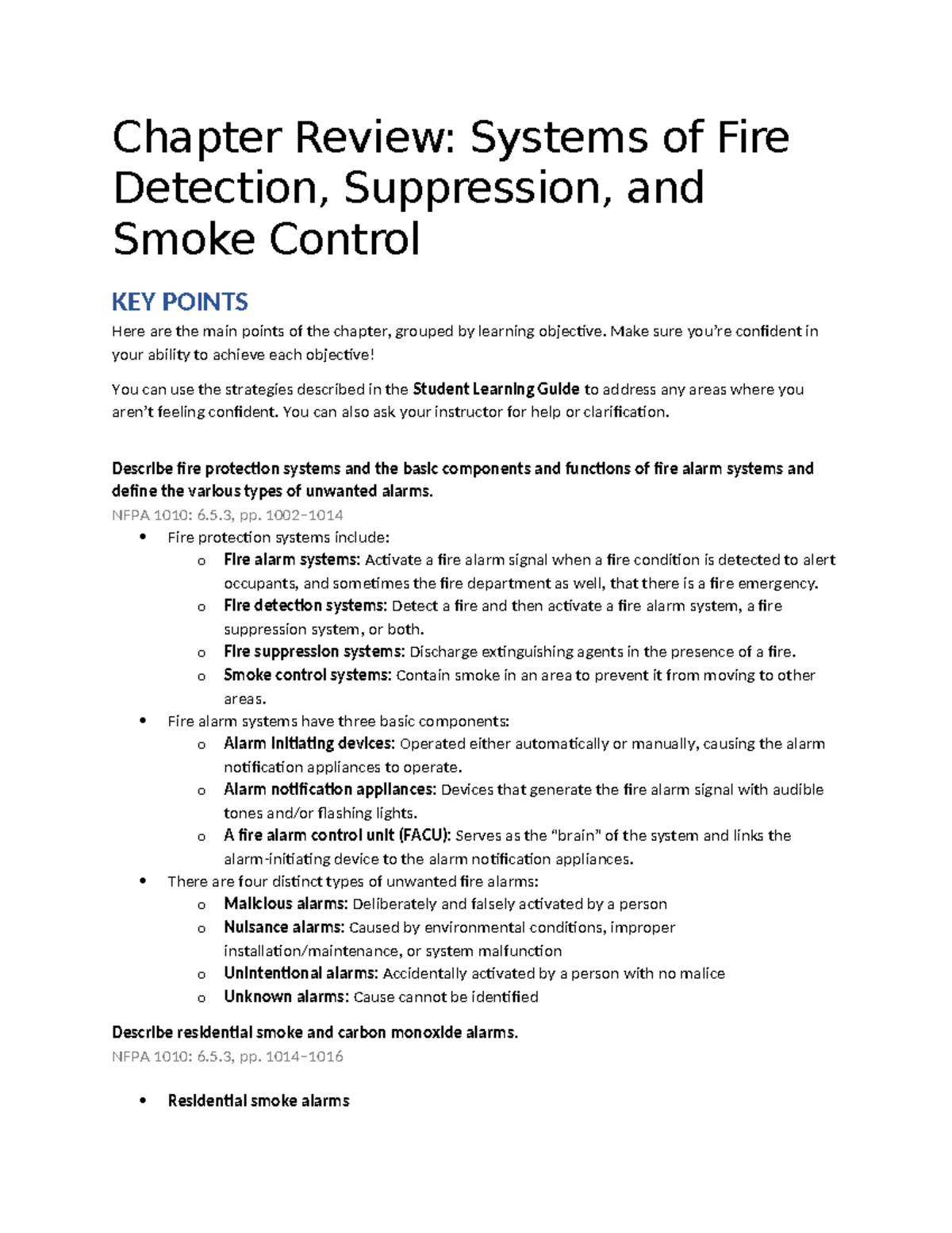 Chapter Review: Fire Protection Systems & Alarm Features (NFPA 1010 ...