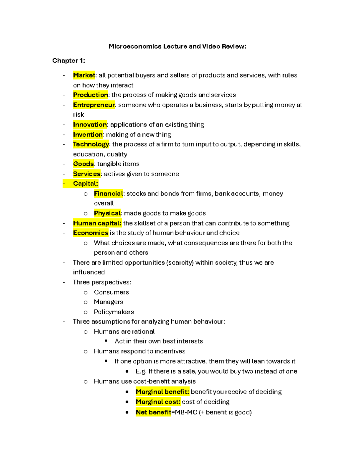 Microeconomics Lecture Notes: Chapter 1 Overview and Key Concepts - Studocu