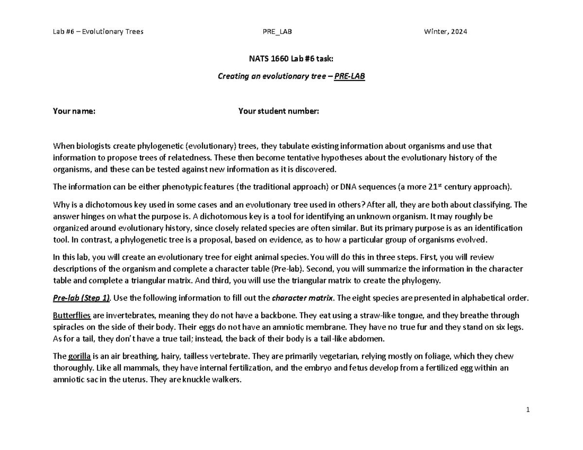 NATS 1660 - Lab - lab notes - Lab #6 – Evolutionary Trees PRE_LAB ...