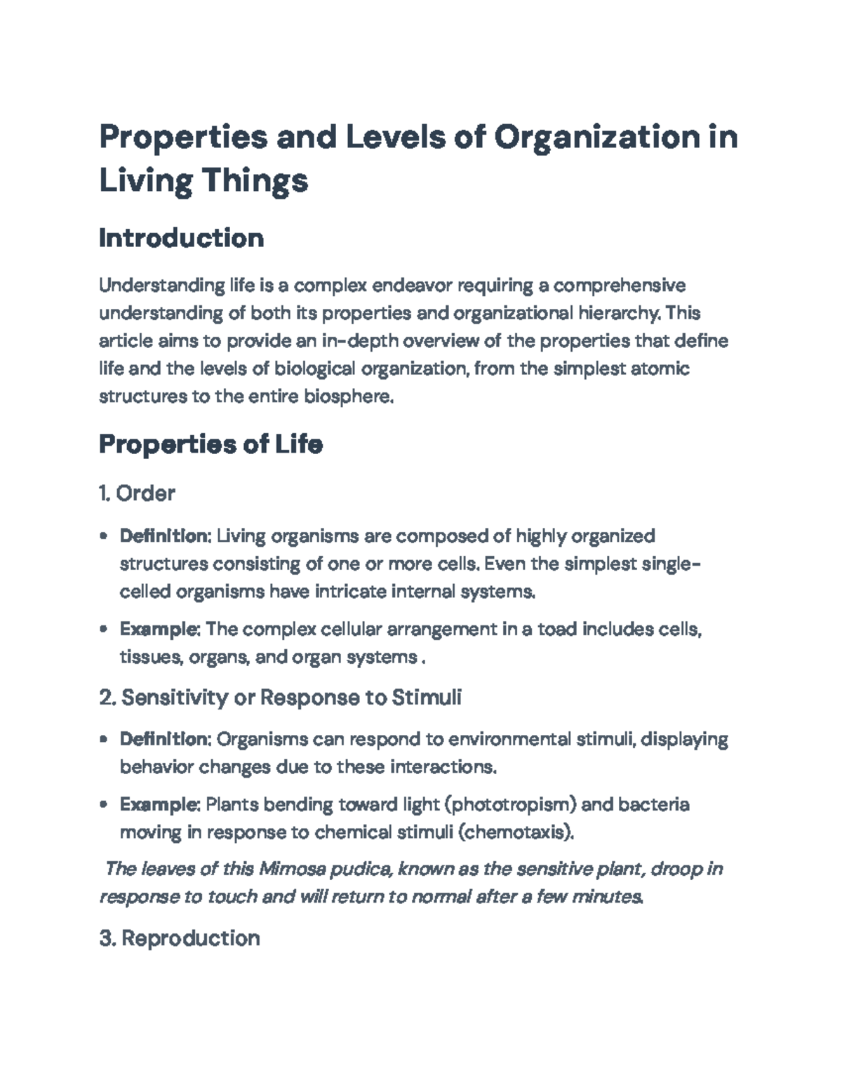 Properties and Levels of Biological Organization in Living Things ...
