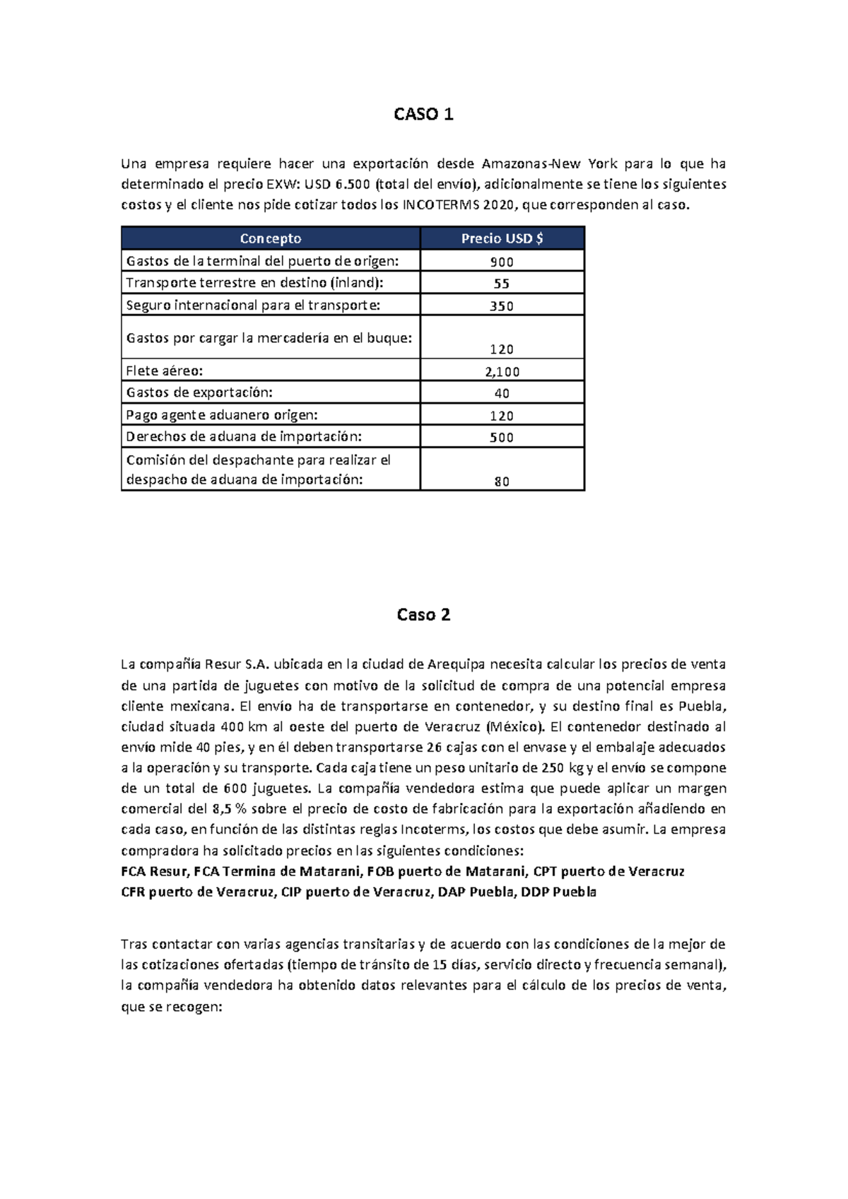 CASO 1: Análisis de Costos y Cotización de INCOTERMS 2020 - Studocu