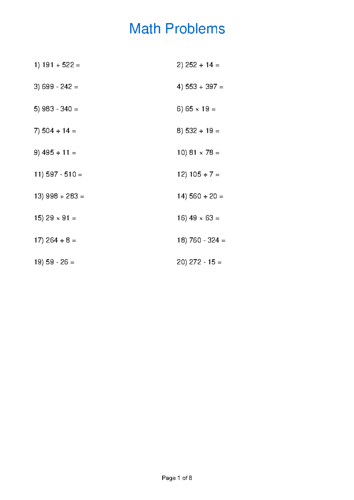 Crn9py4i57 - Math Calculations - 1) 191 + 522 = 2) 252 ÷ 14 = 3) 699 ...