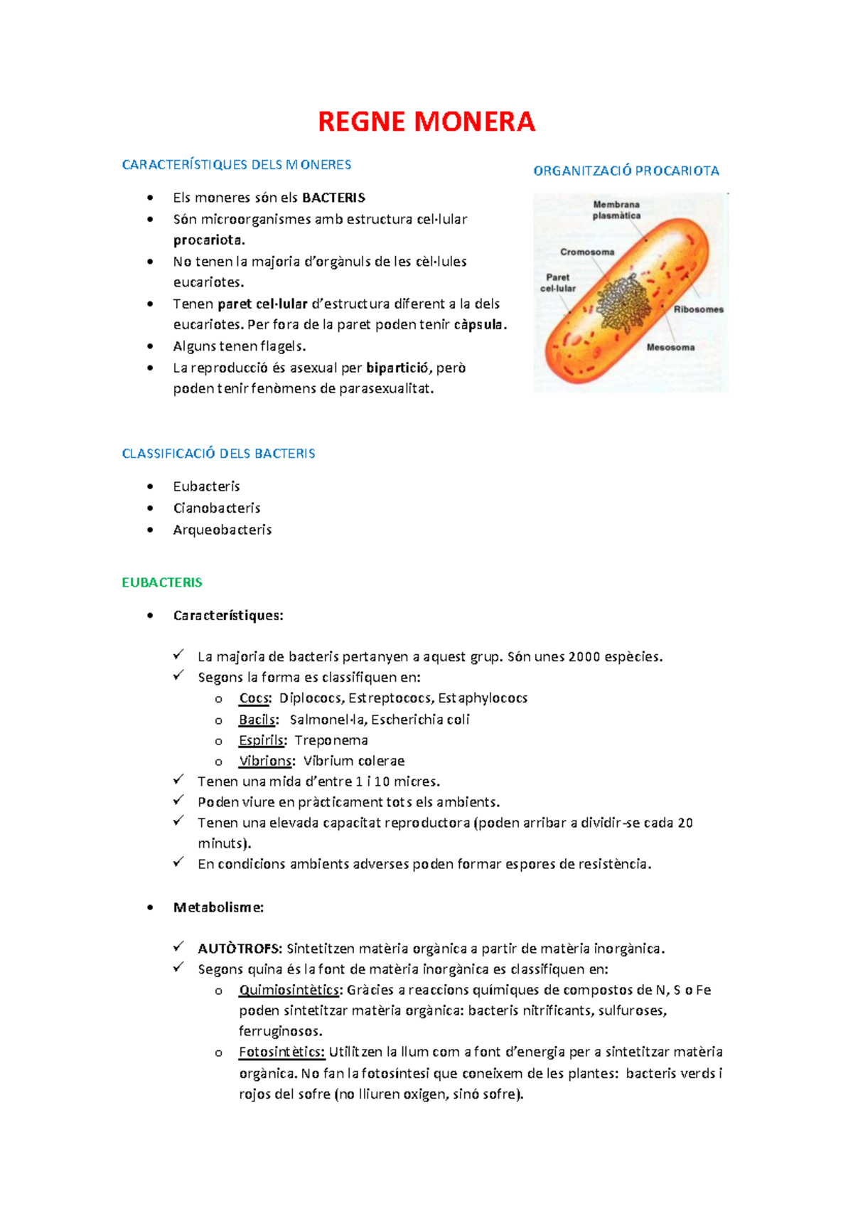 Regne Monera: Estructura i Classificació dels Moneres Procariotes - Studocu