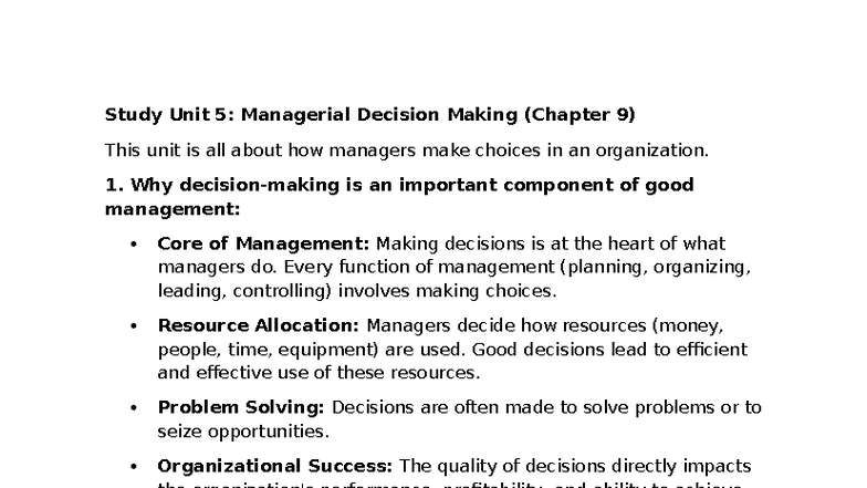 Study Unit 5: Managerial Decision Making (Chapter 9) - Key Concepts and ...