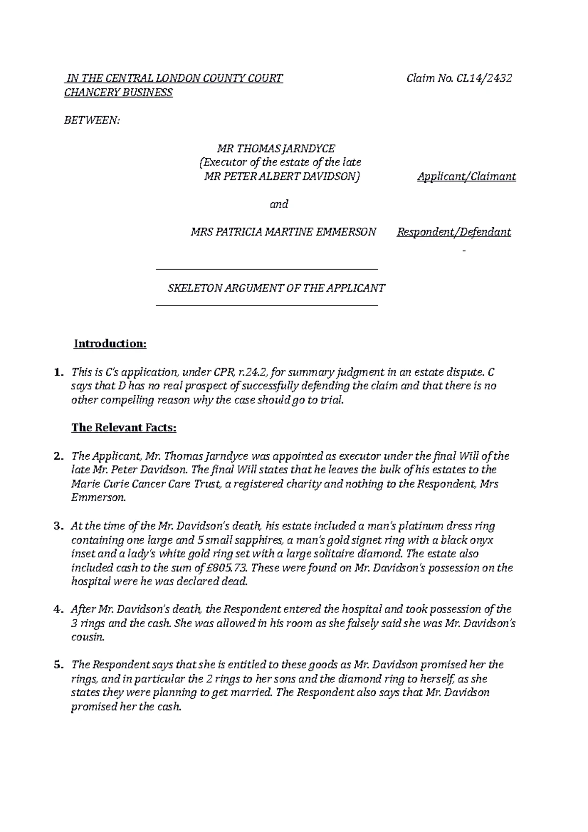 Skeleton Argument Template: Key Points for Claim No. [Insert Here ...