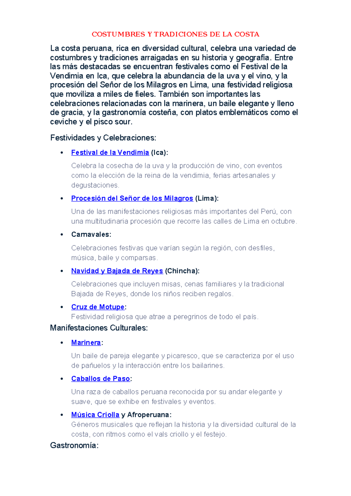 Costumbres y Tradiciones de la Costa y Sierra del Perú - Lectura - Document Preview