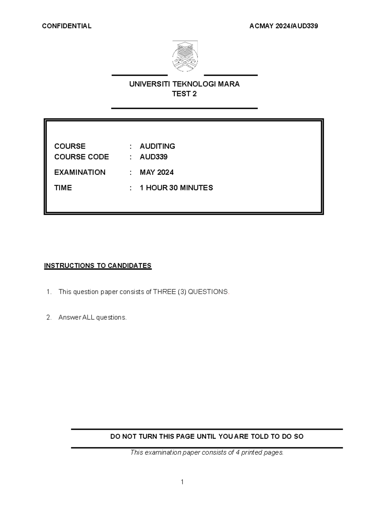 Test 2 Questions for AUD339 - Auditing May 2024 Exam - Studocu
