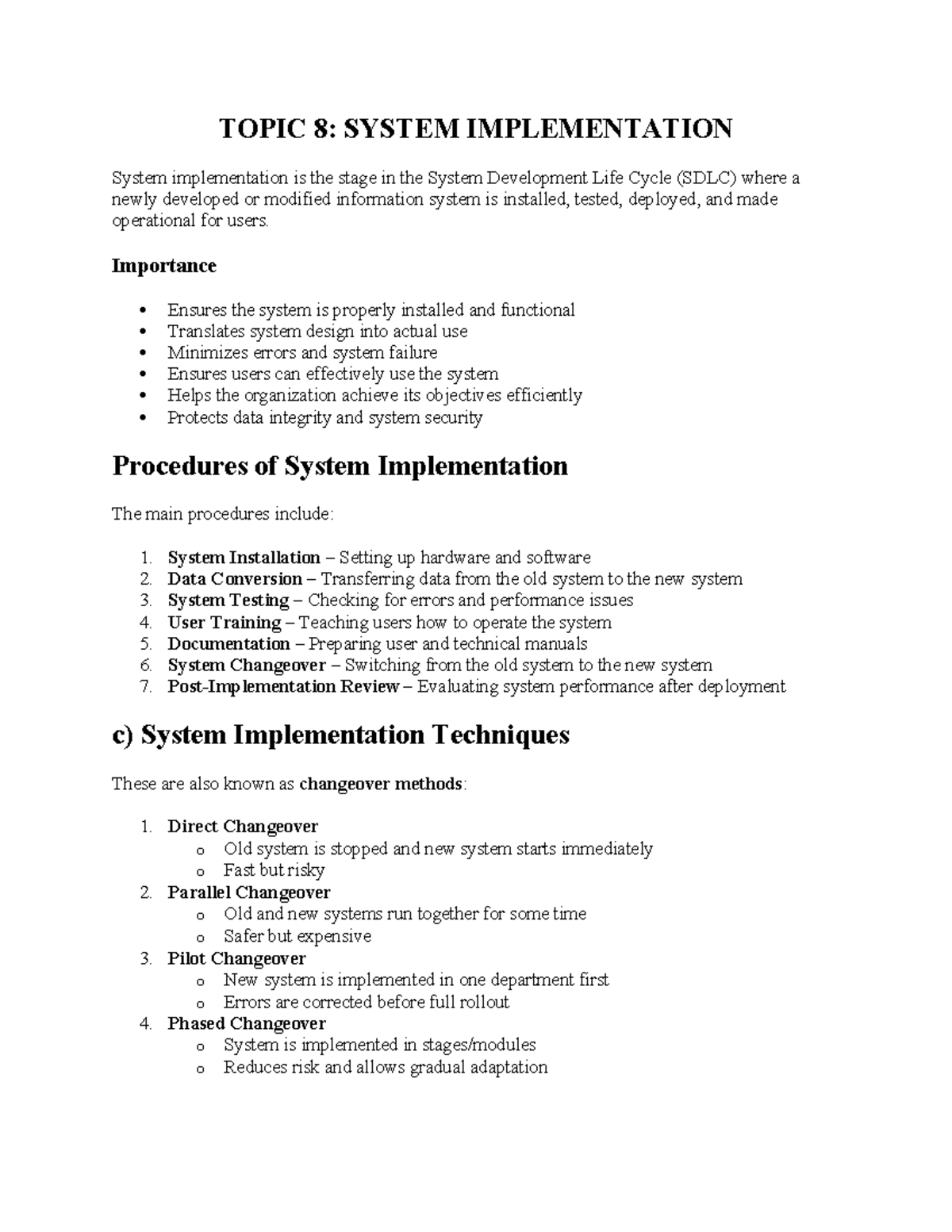 System Implementation: Key Procedures and Techniques (SDLC) - Studocu