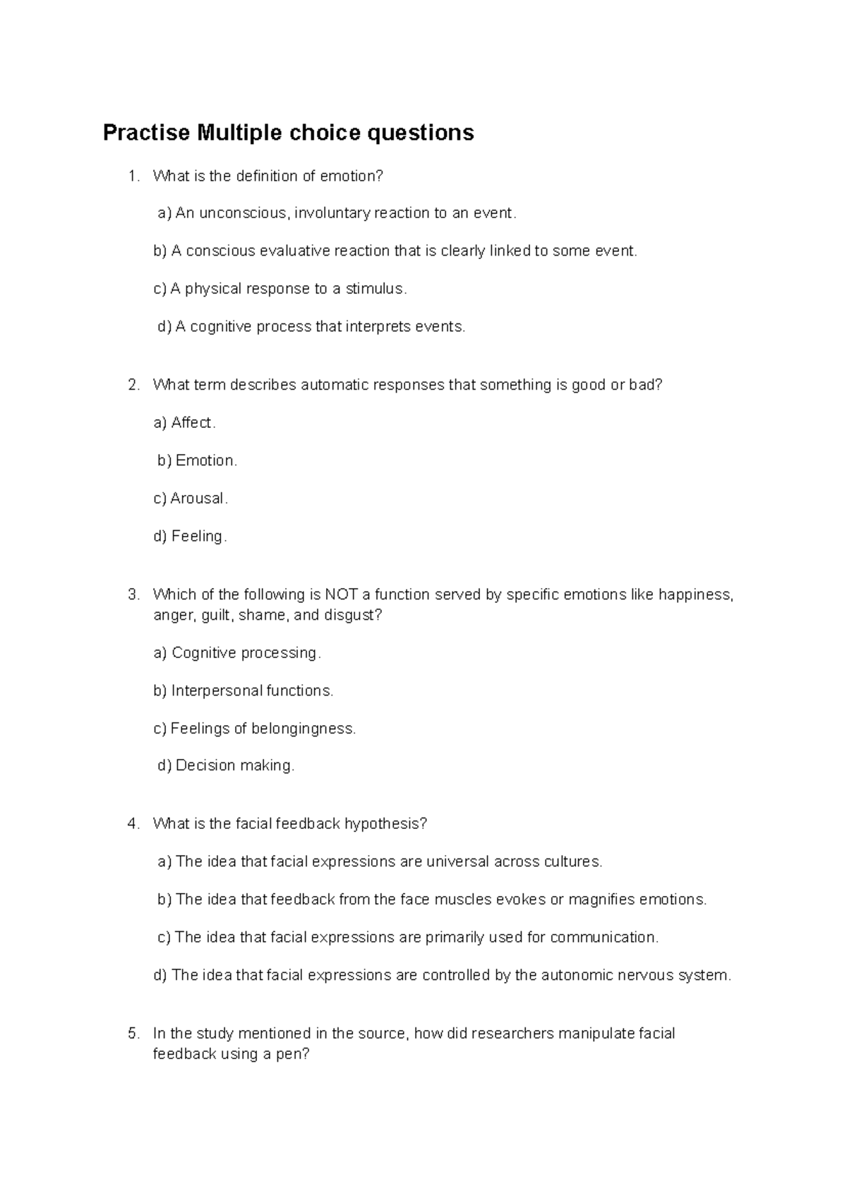Emotion MCQs Practice Questions for Psychology 101 Exam Prep - Studocu