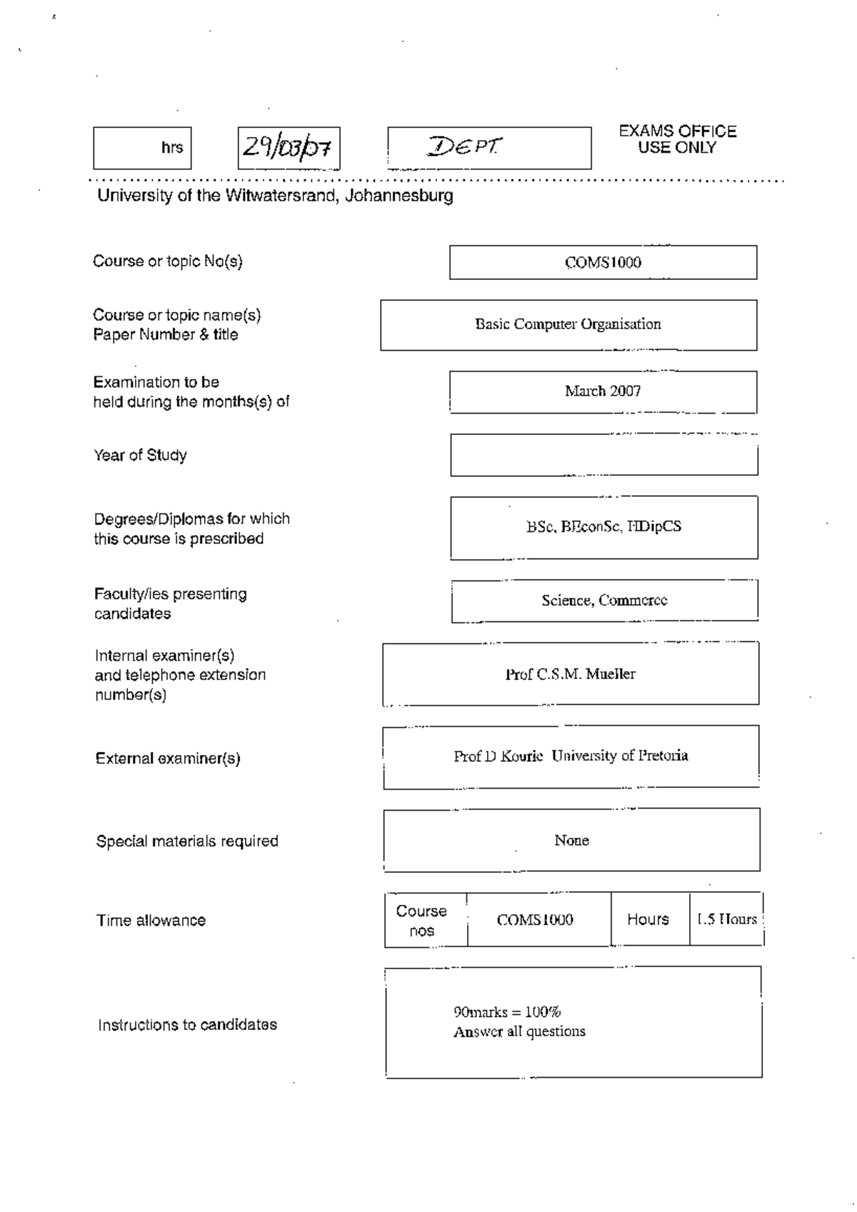 COMS1000 - Basic Computer Organisation Exam Past Paper March 2007 - Studocu