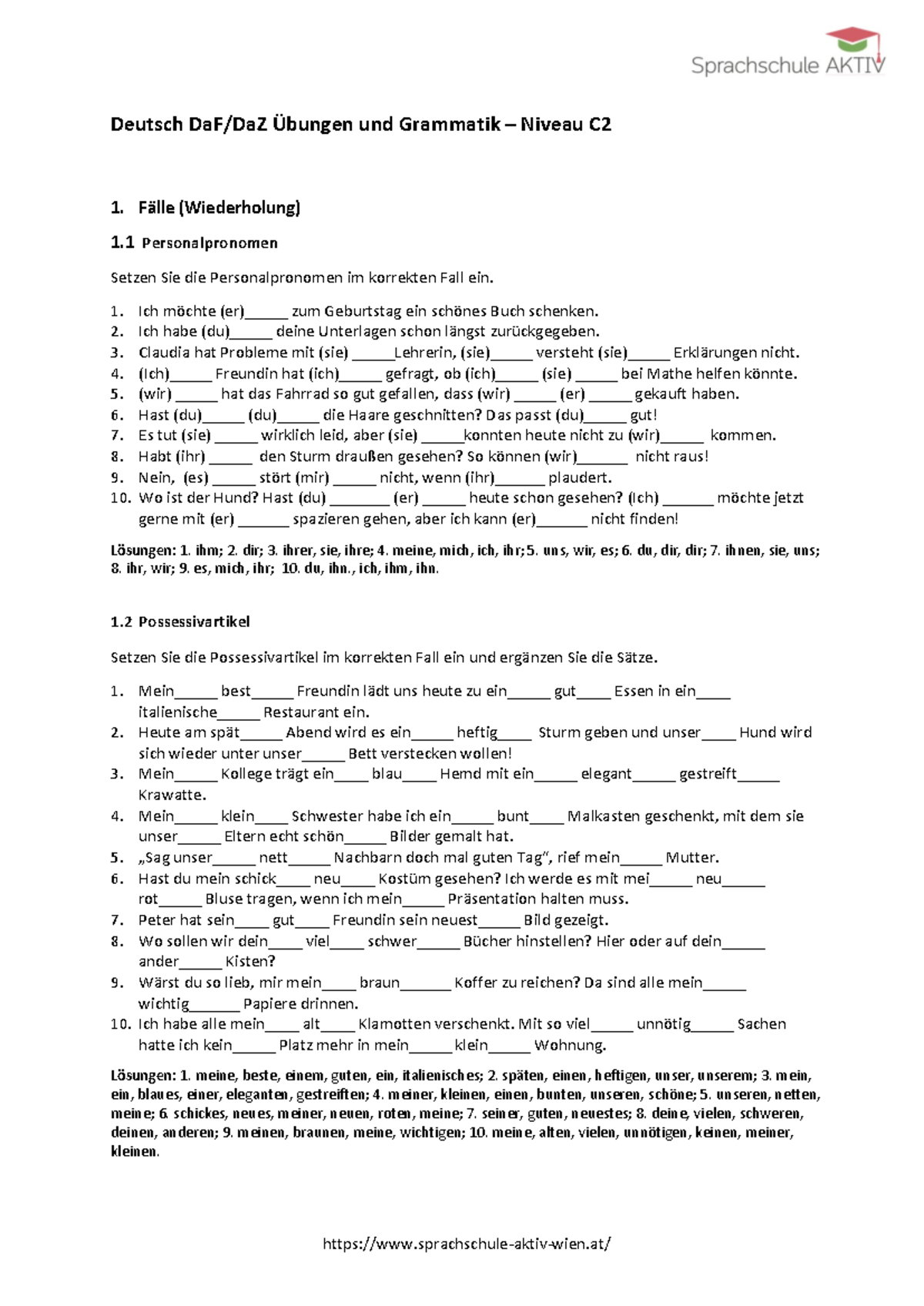 C2 Deutschkurs Übungen Sprachschule Aktiv Wien - Deutsch DaF/DaZ ...
