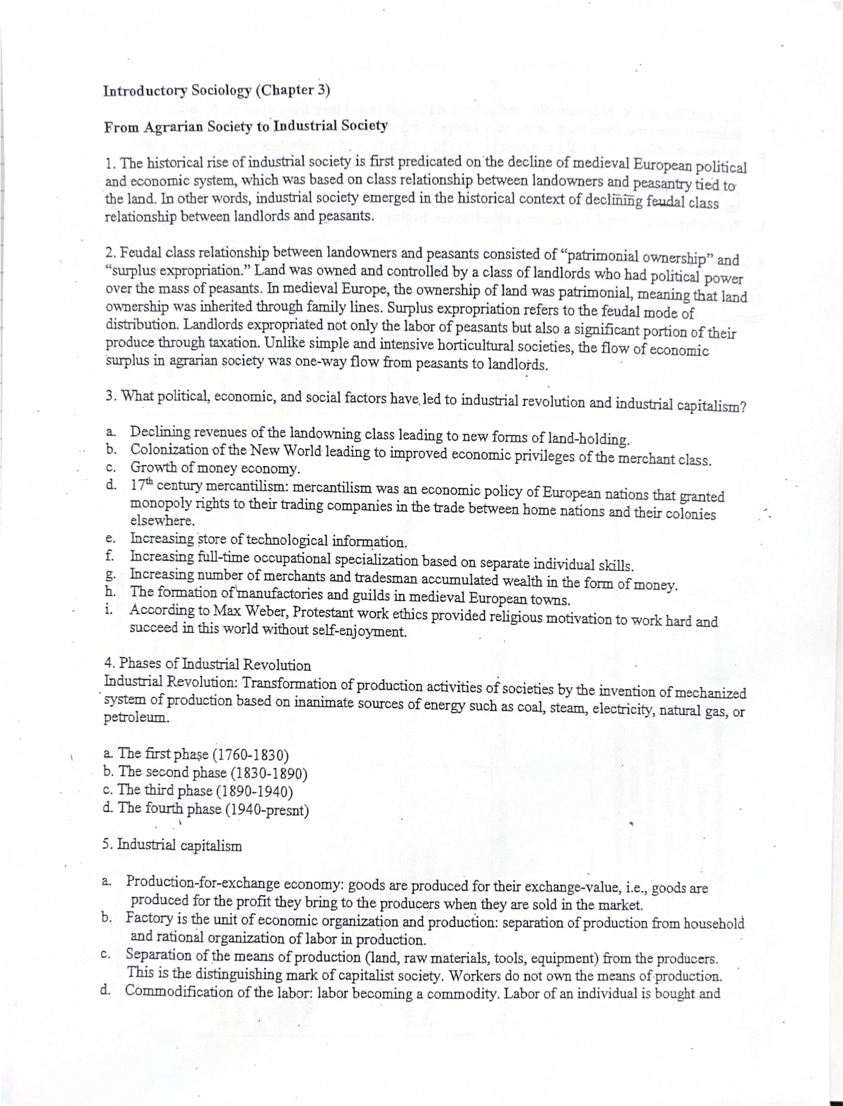 Introductory Sociology (Chapter 3) - Transition from Agrarian to ...