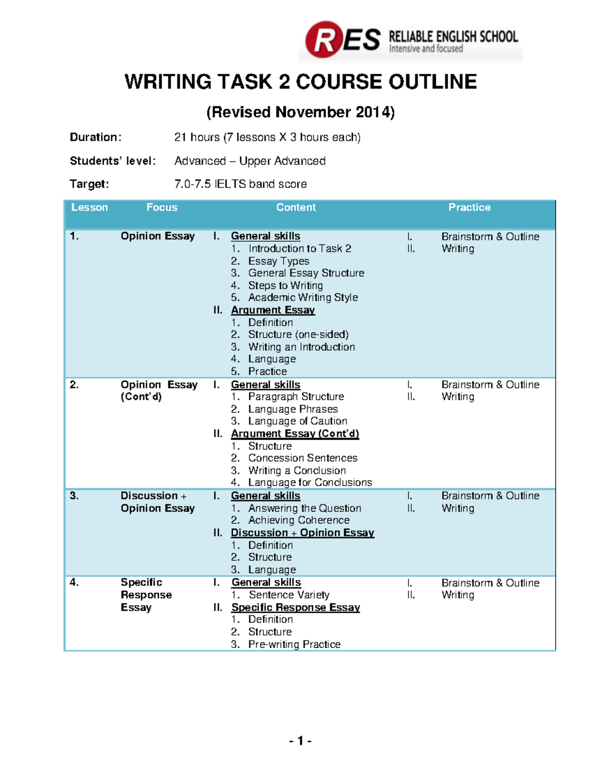 IELTS Writing Task 2: Detailed Course Outline & Lesson Overview - Studocu