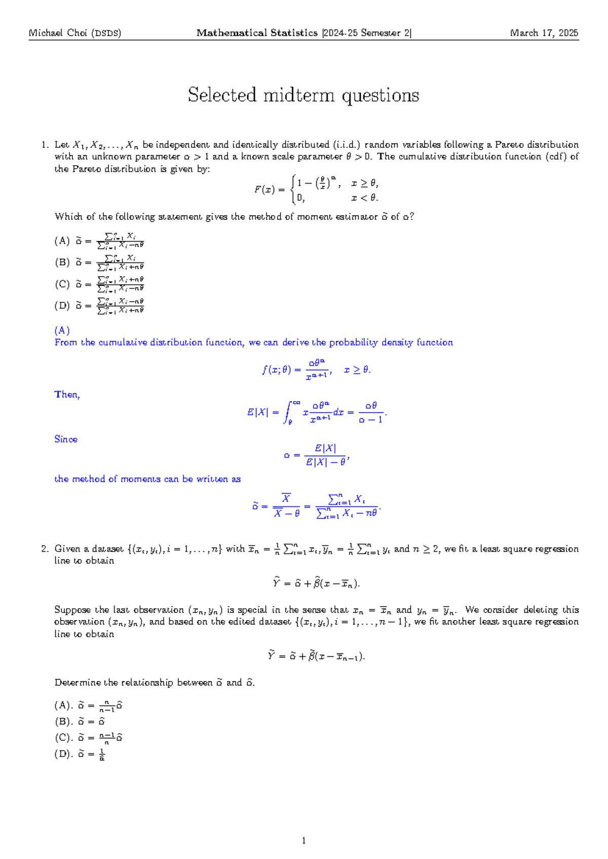 Midterm-2025 Solutions for DSDS Mathematical Statistics [2024-25] - Studocu