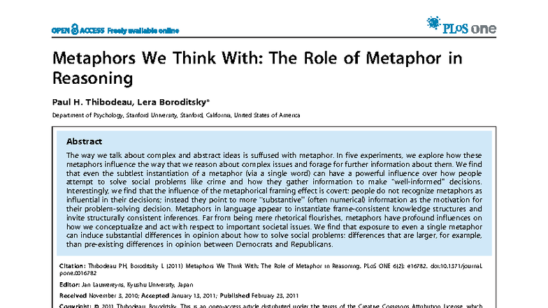 Metaphors We Think With: Examining Their Role in Reasoning (PSY 101 ...