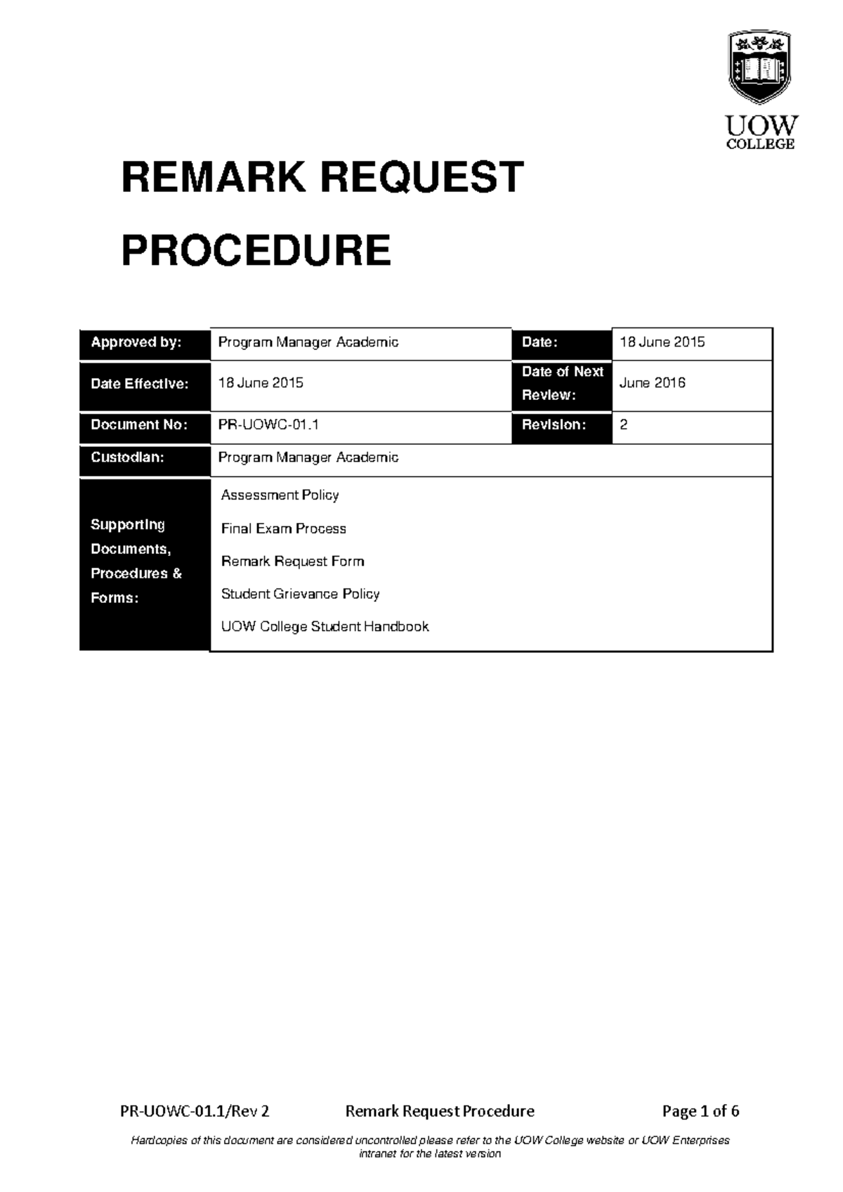 UOW College Remark Request Procedure: Final Exam Guidelines - Studocu