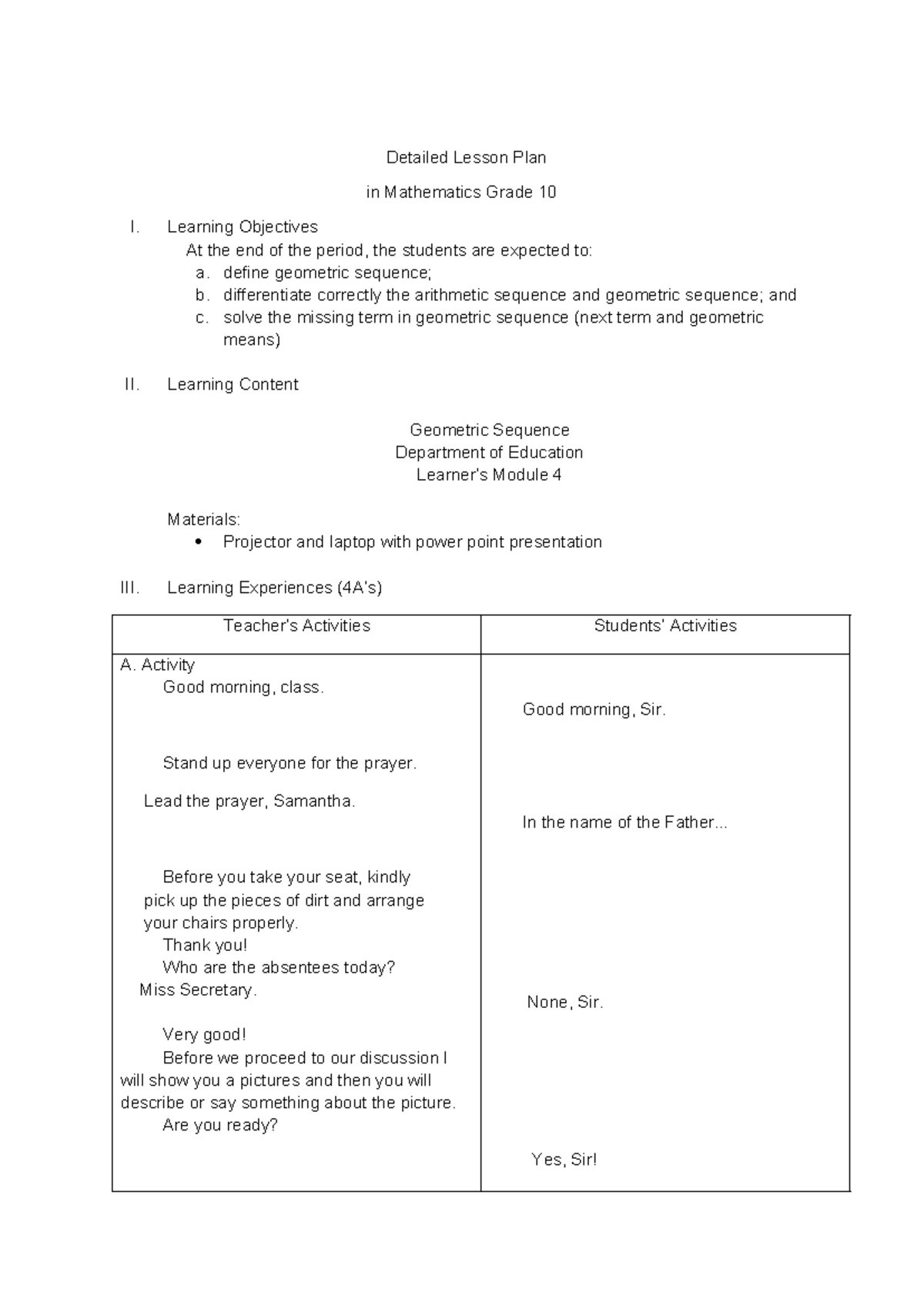 DLP Grade 10: Geometric Sequence Lesson Plan and Activities - Studocu