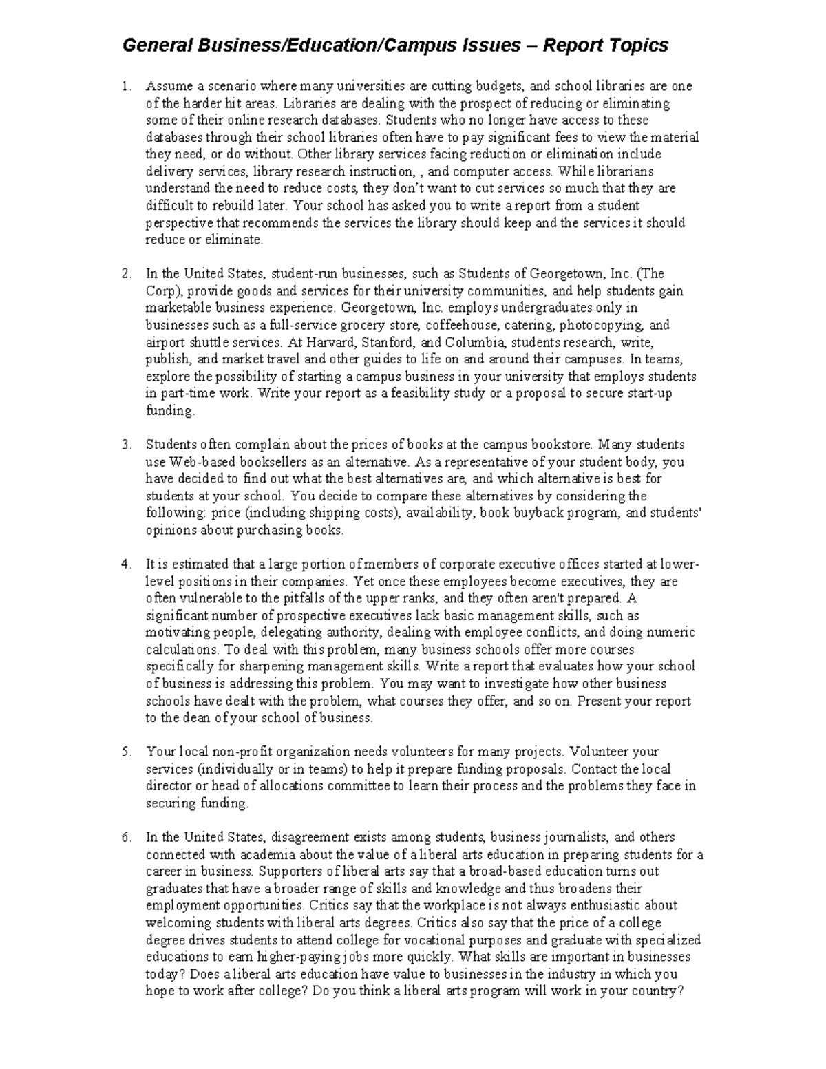 BUS 101: General Business Report Topics and Recommendations - Studocu