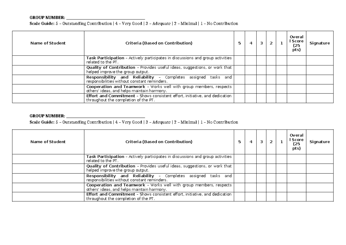 Peer Evaluation Guide for Group Project (PT) - Studocu