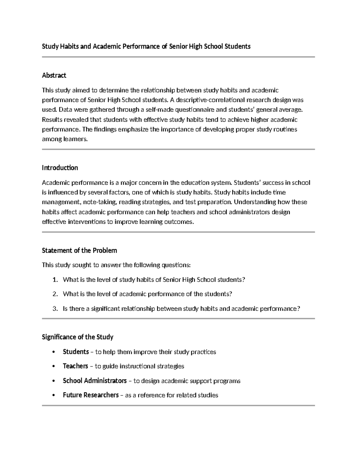 SHS Study Habits & Academic Performance: A Research Analysis - Studocu