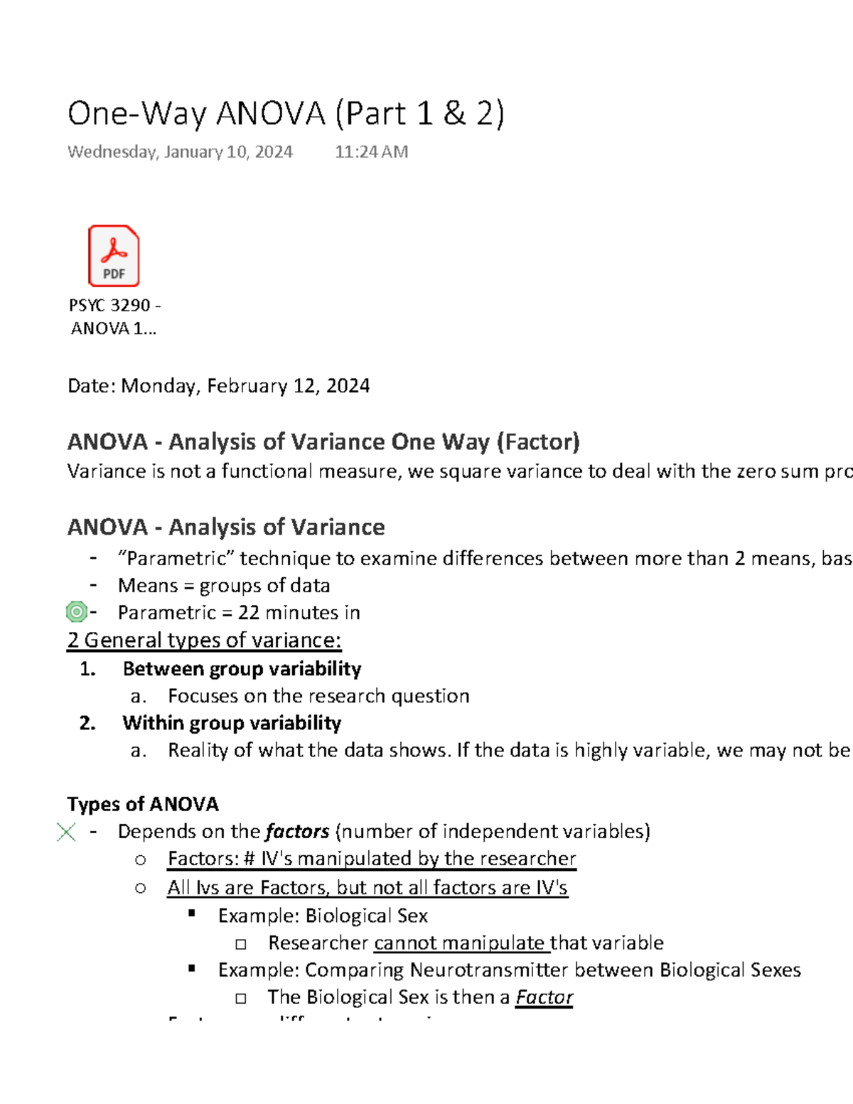 Understanding One-Way ANOVA (PSYC 3290) - Concepts and Steps - Studocu