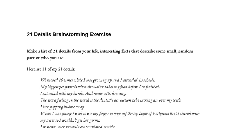 21 Personal Details & 20 Essence Objects Brainstorming Exercise - Studocu