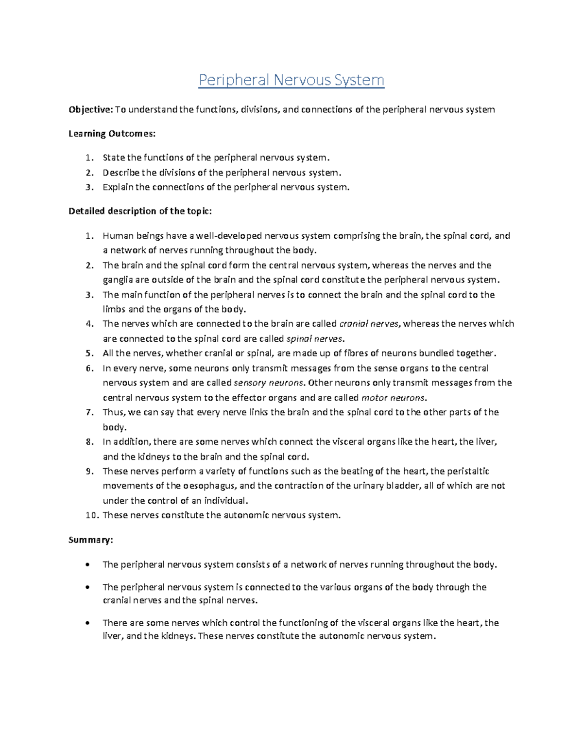 11PSY PNS Notes - Human Nervous system - Peripheral Nervous System ...