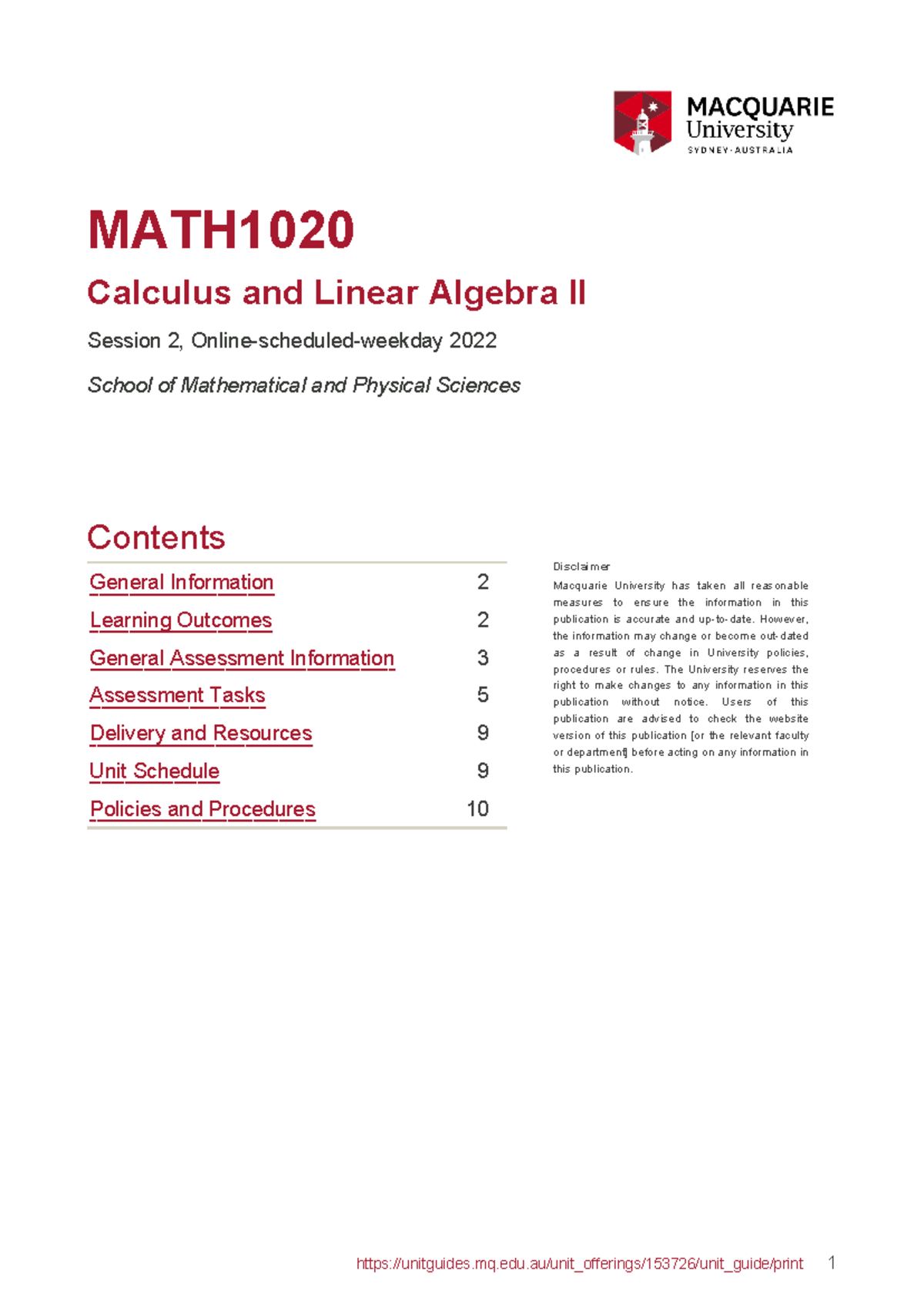 Unit Guide MATH1020: Calculus & Linear Algebra II, 2022 Session 2 - Studocu