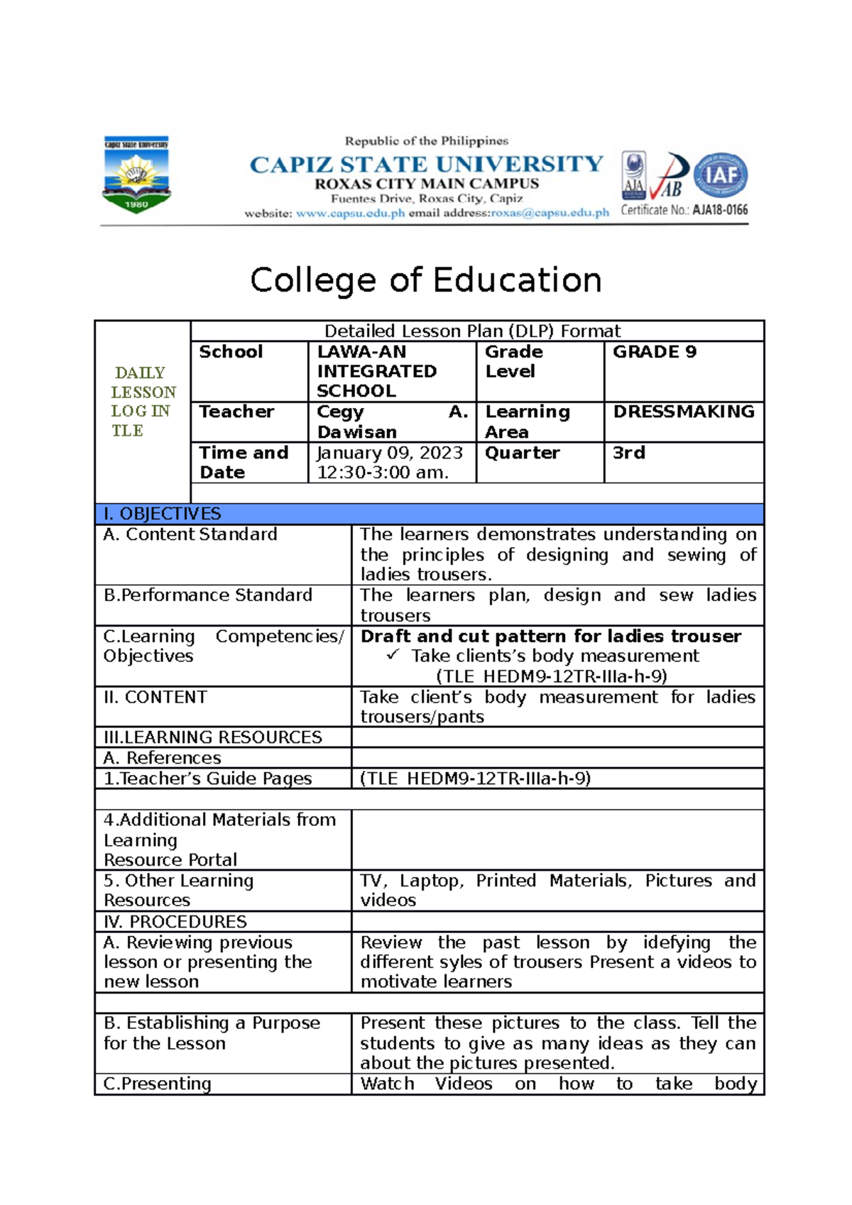 FS 2 Grade 9 TLE Dressmaking Detailed Lesson Plan - Studocu