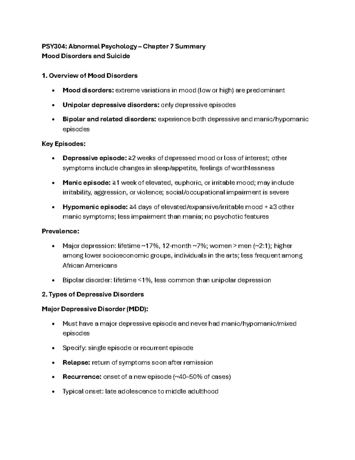 PSY304: Abnormal Psychology - Chapter 7 Summary on Mood Disorders and ...